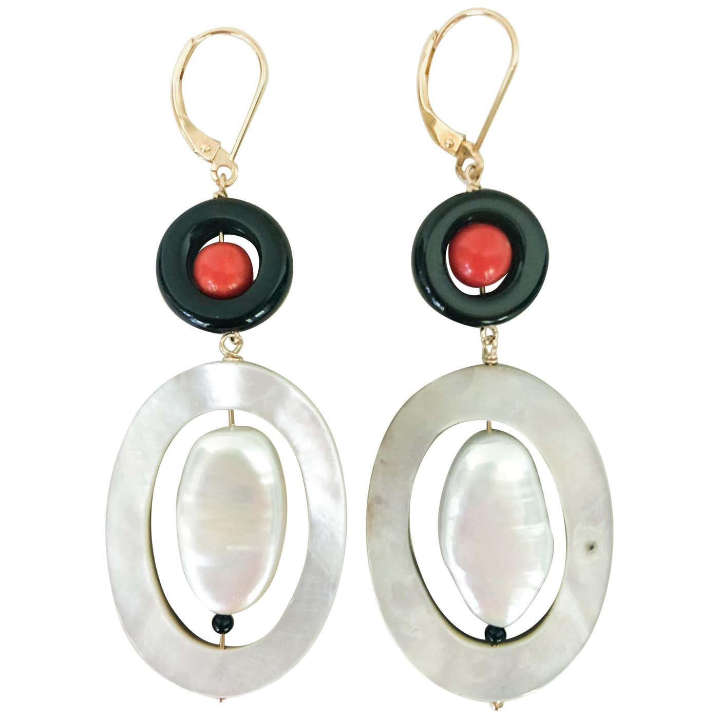 "Art Deco" Inspired Pearl Earrings with Coral, Onyx, Mother of Pearl and Solid 14 Karat Gold Lever Back Hooks