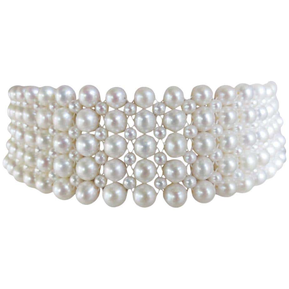 Statement White Pearl Woven Choker with White Gold Plated Silver Clasp