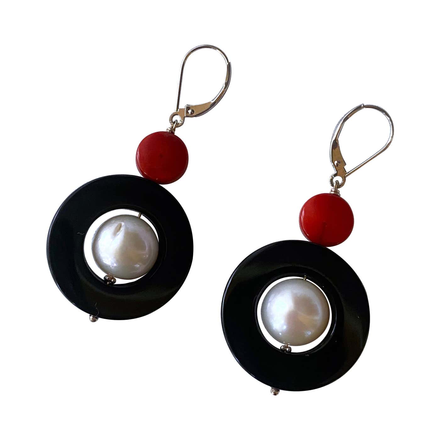 14k Gold, Pearl, Black Onyx & Mediterranean Coral Lever Back Earrings