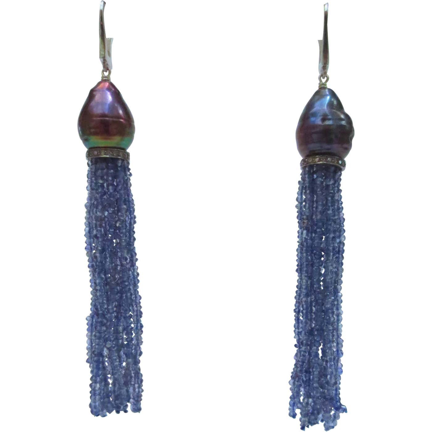 Baroque Black Pearl & Iolite Bead Tassel Earrings with Silver and Gold