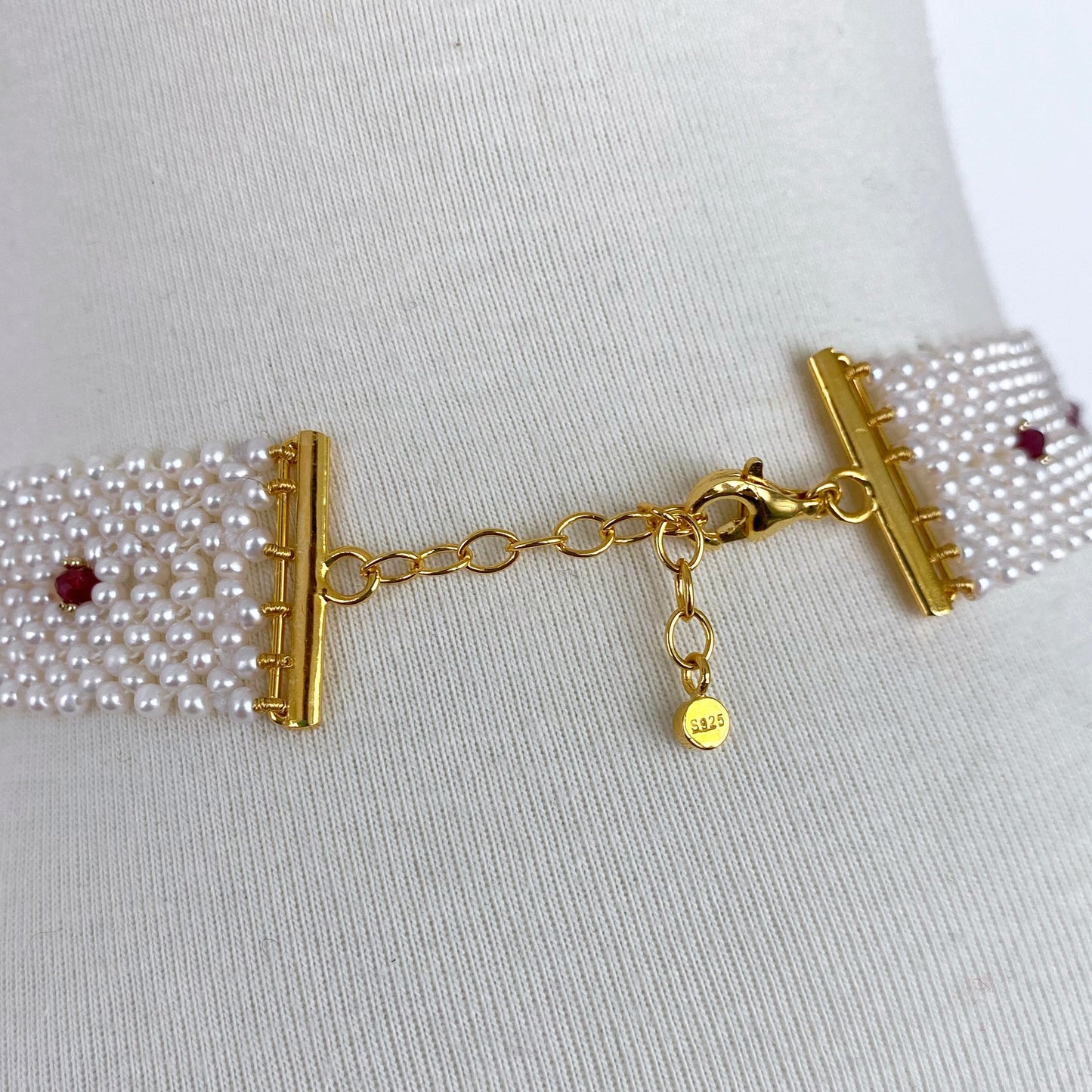One of A Kind Pearl Woven Necklace with Rubies & Pink Topaz