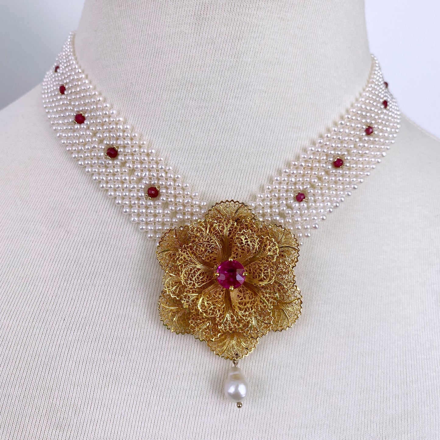 One of A Kind Pearl Woven Necklace with Rubies & Pink Topaz