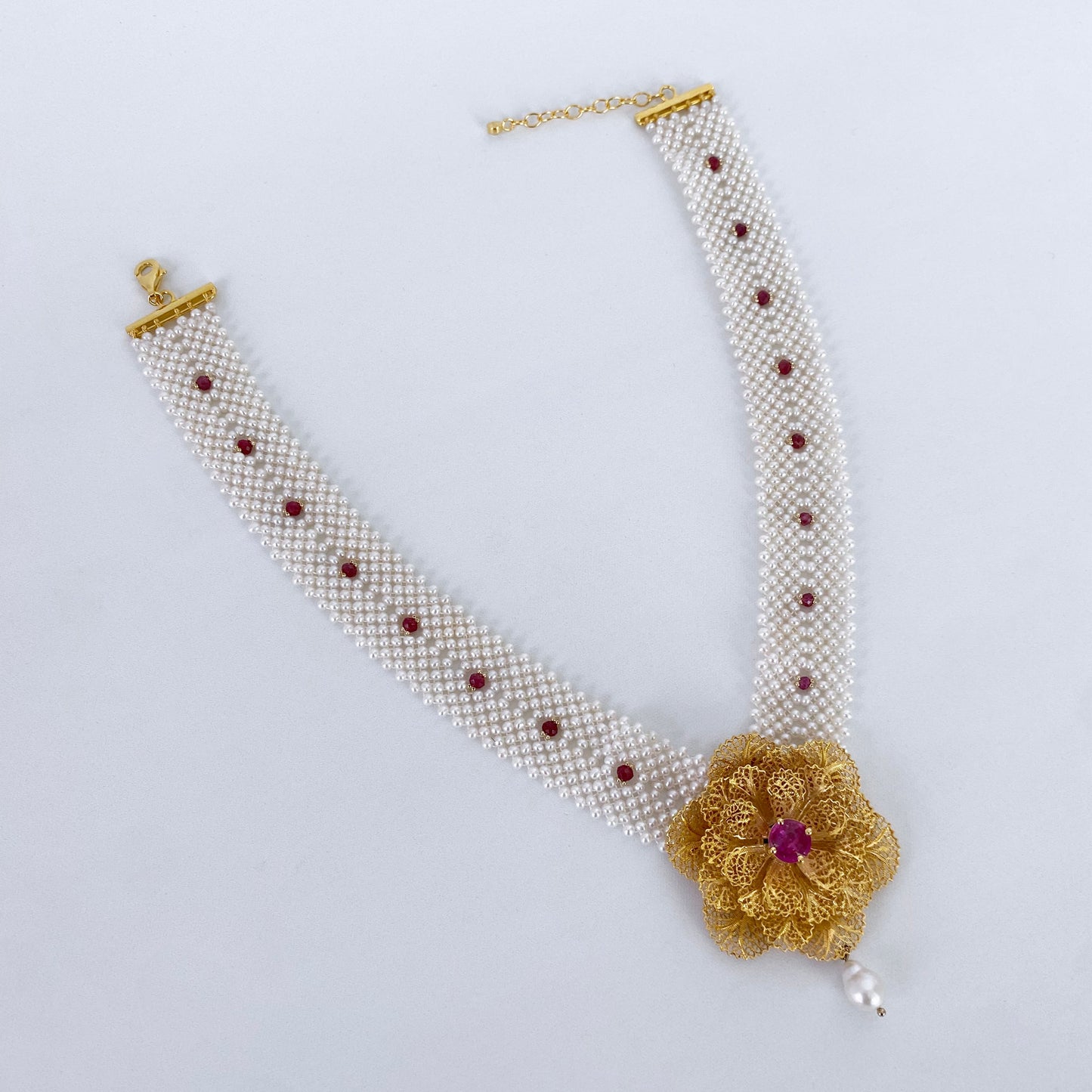 One of A Kind Pearl Woven Necklace with Rubies & Pink Topaz