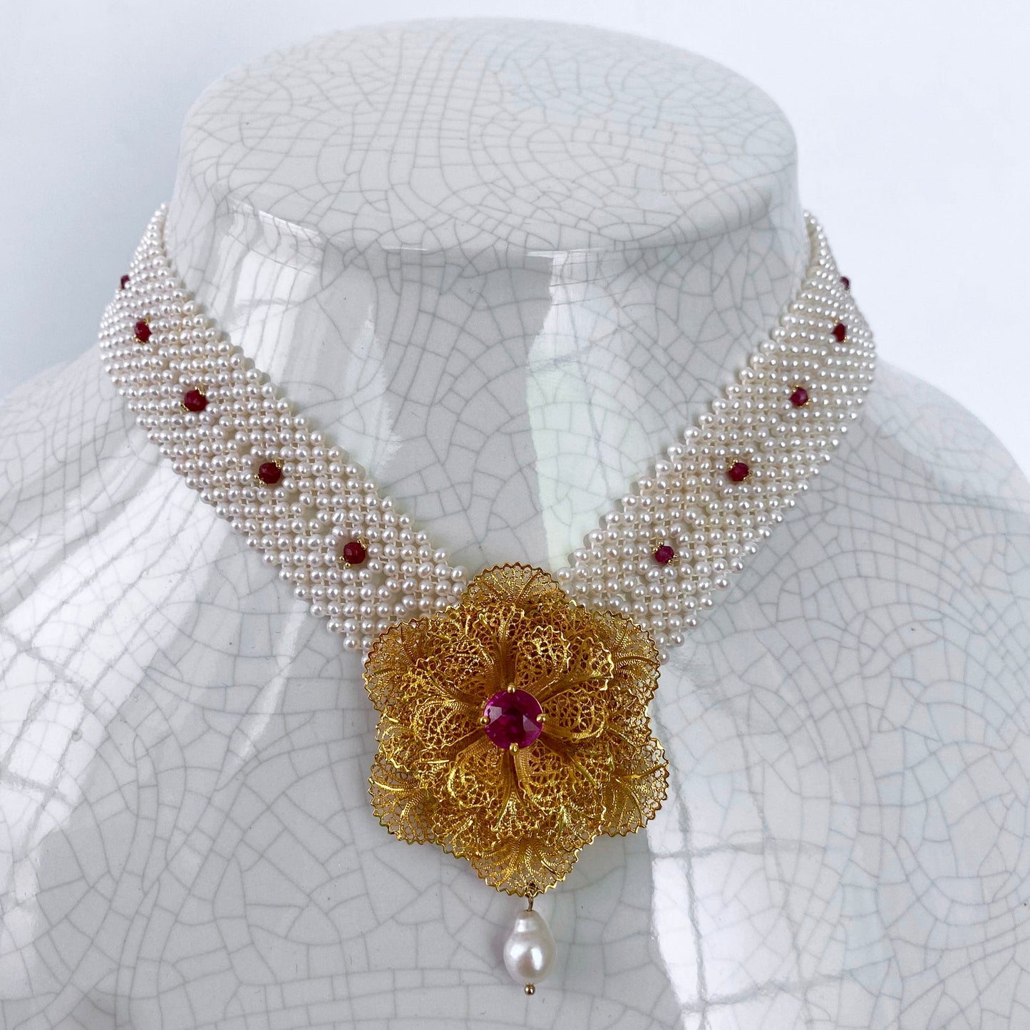One of A Kind Pearl Woven Necklace with Rubies & Pink Topaz