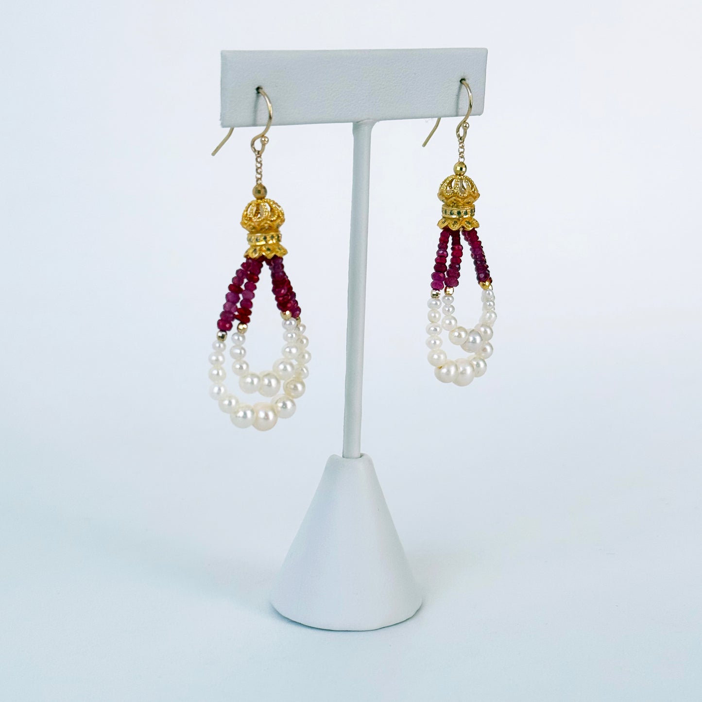 Graduated Ruby, Pearl & 18kYellow Gold Plated Dangle Earrings