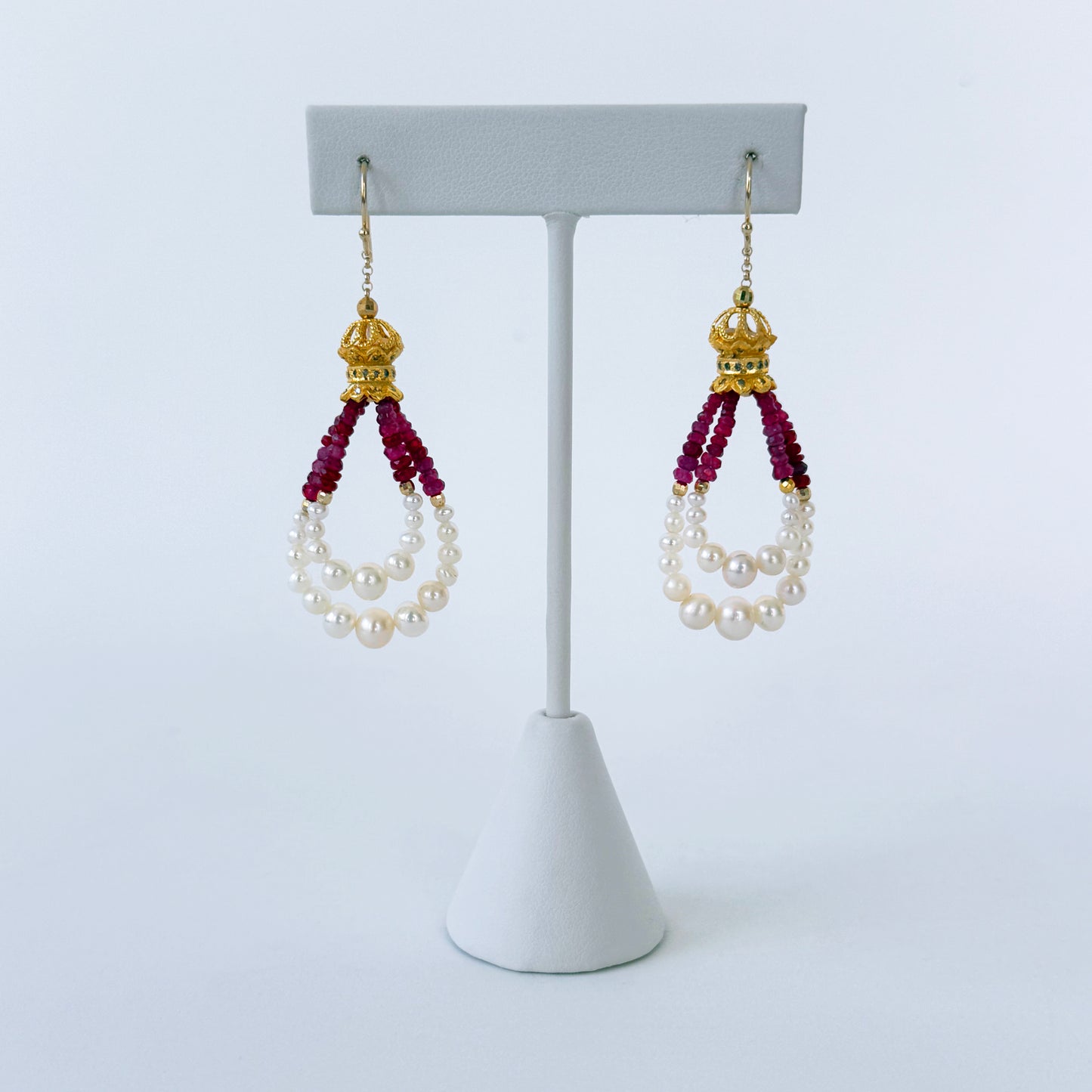 Graduated Ruby, Pearl & 18kYellow Gold Plated Dangle Earrings