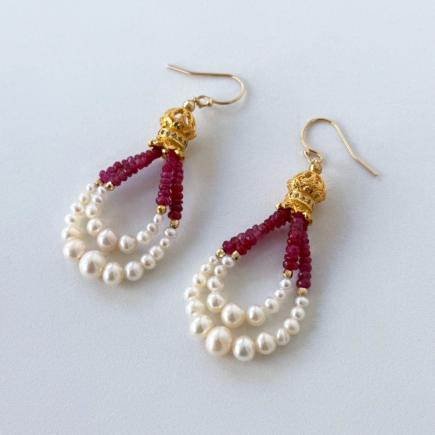 Graduated Ruby, Pearl & 18kYellow Gold Plated Dangle Earrings