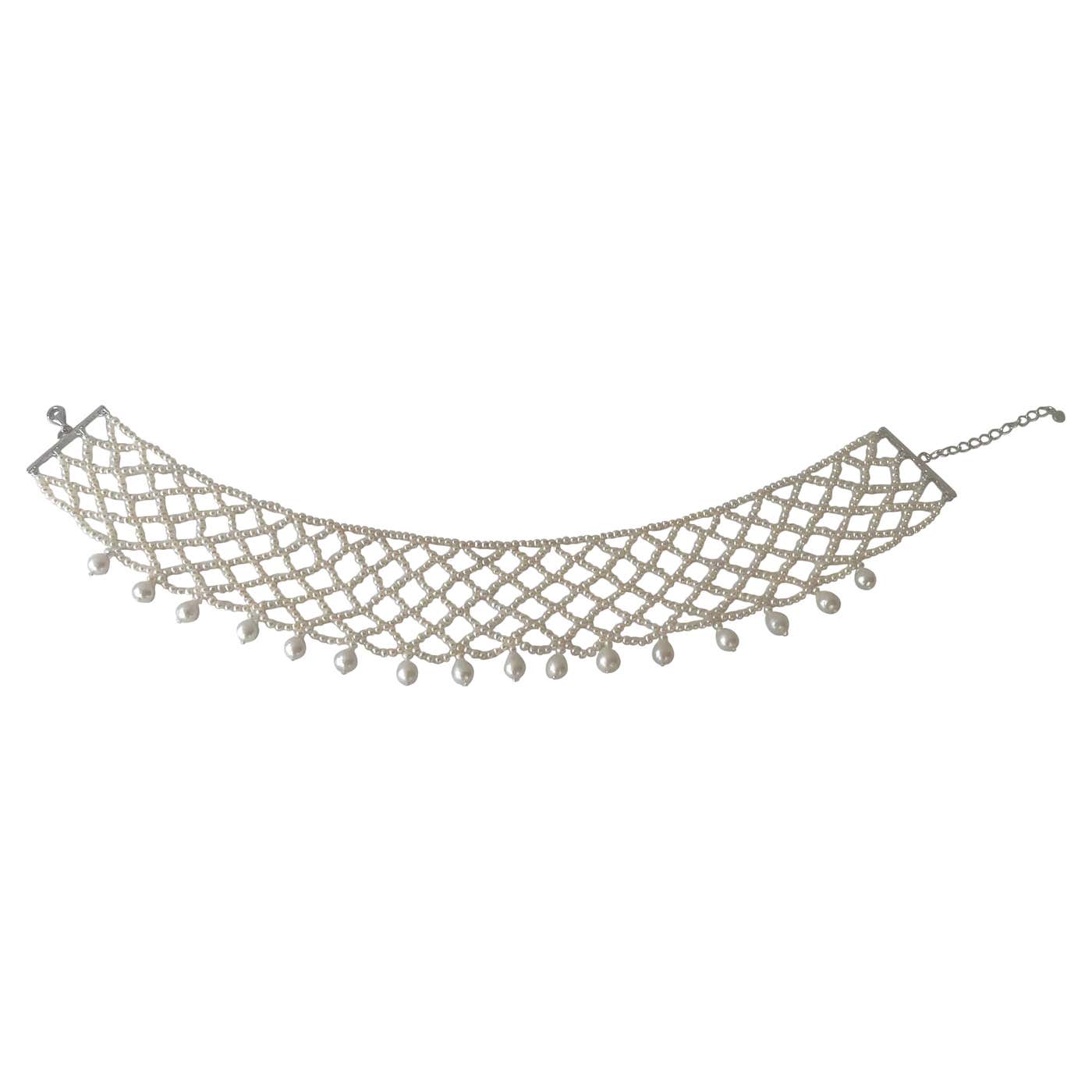 One Of A Kind Pearl Woven Choker with Rhodium Adjustable Clasp