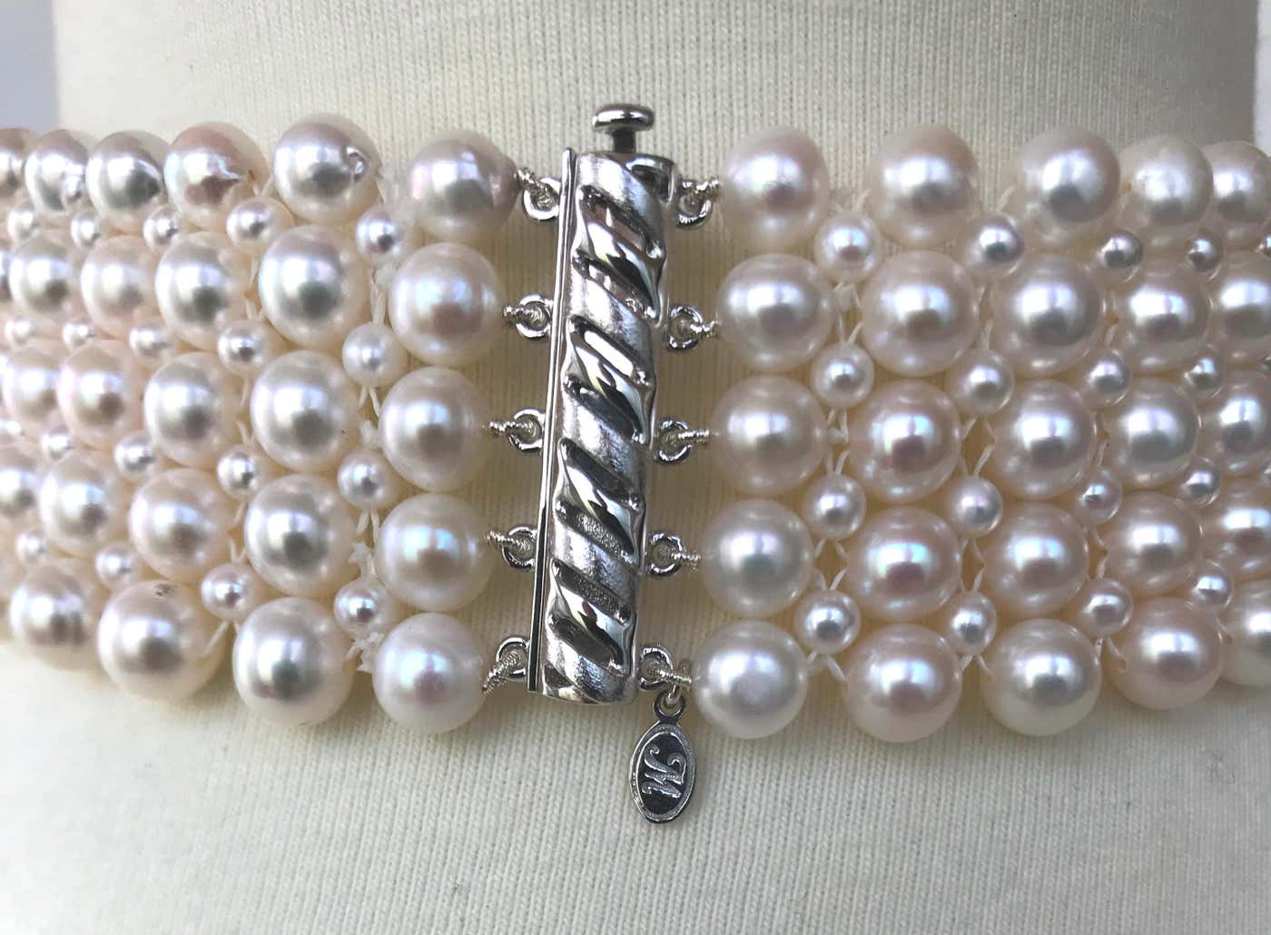 Statement White Pearl Woven Choker with White Gold Plated Silver Clasp