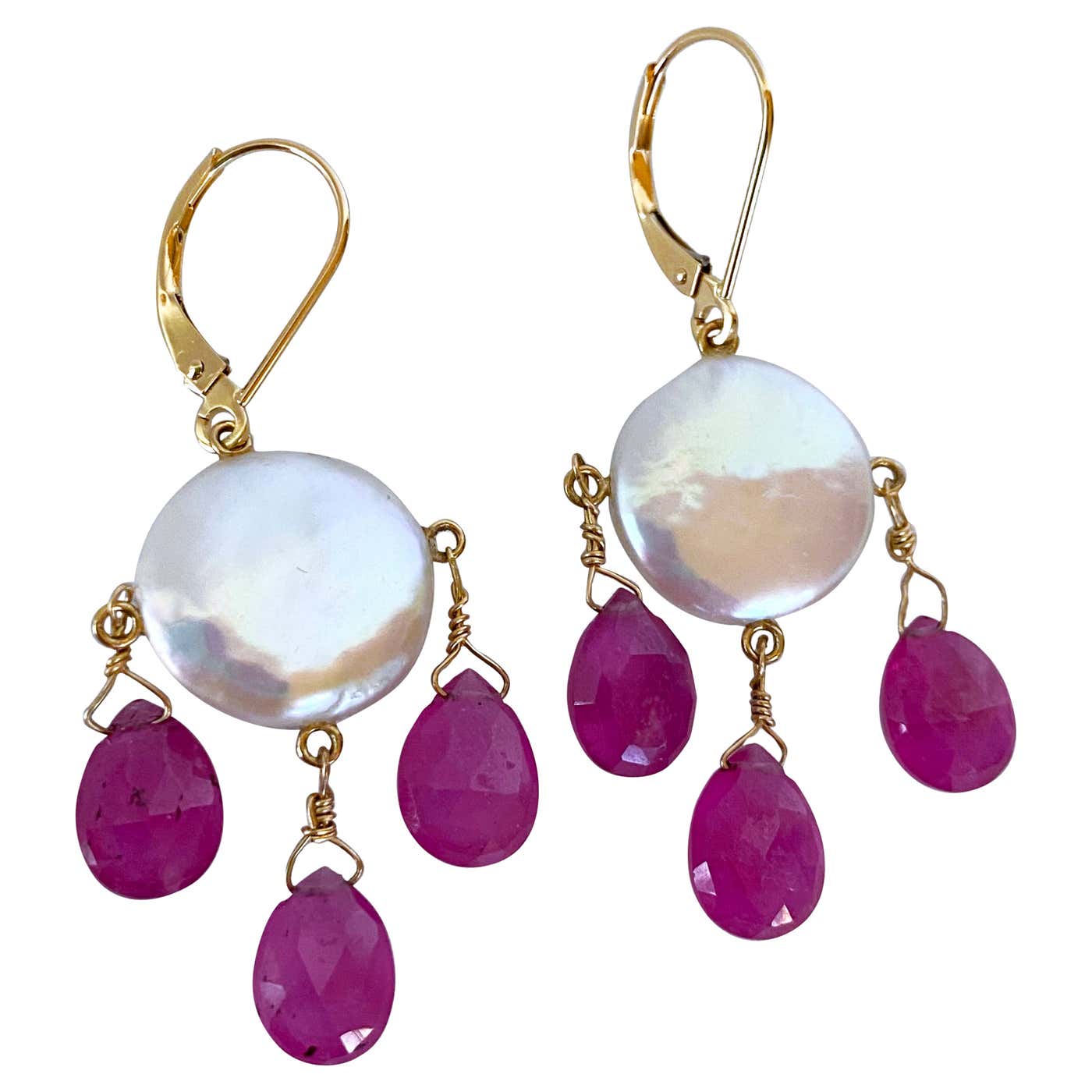 Pink Sapphire, Coin Pearl & Solid 14k Yellow Gold Chandelier Earrings
