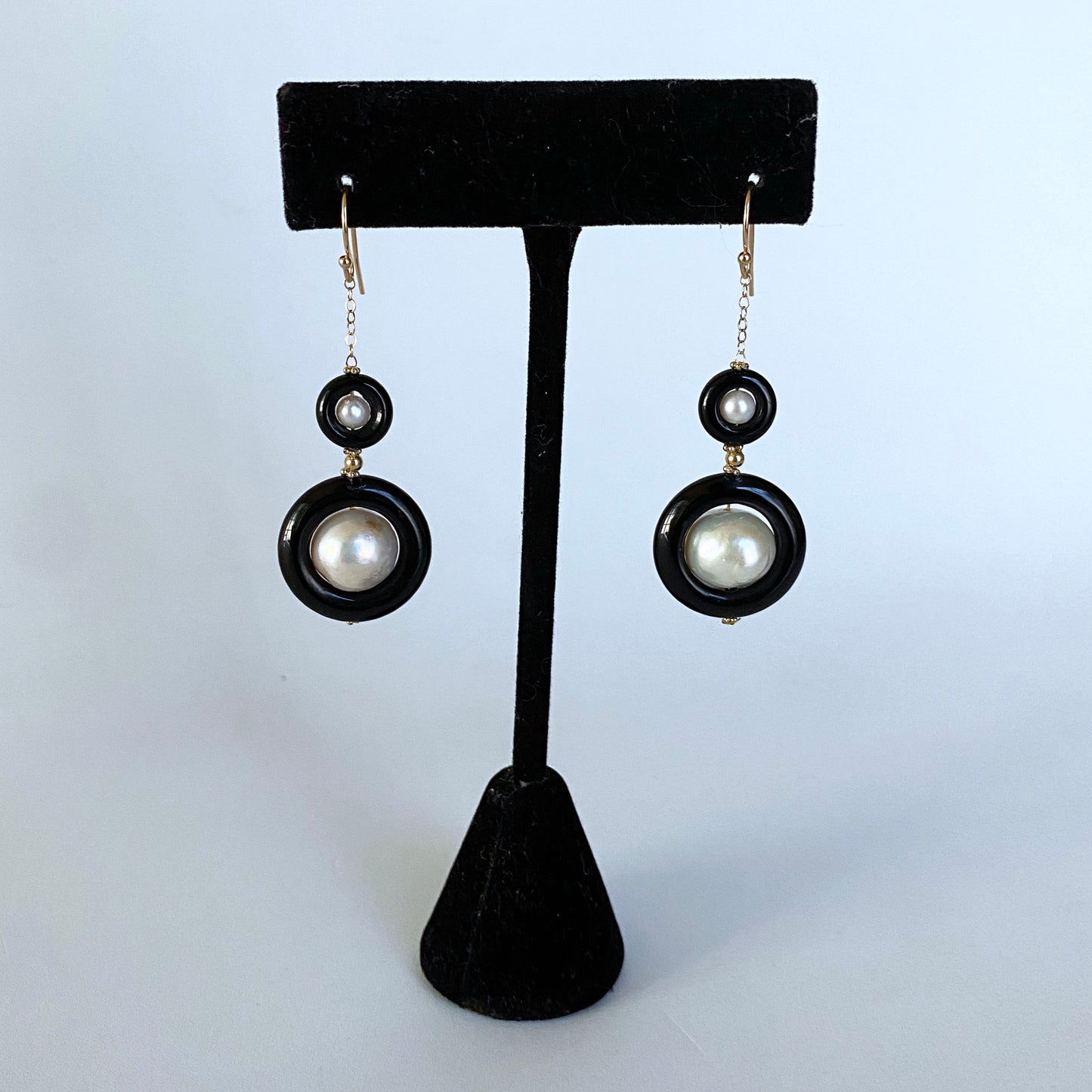 2 Tier Pearl, Black Onyx and Solid 14k Yellow Gold Earrings