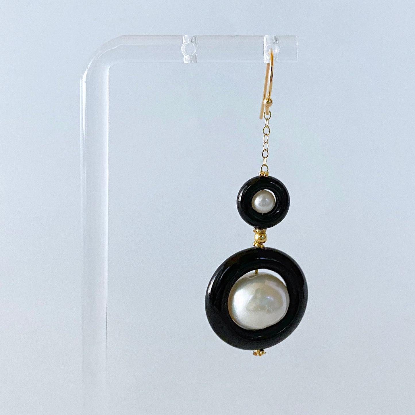 2 Tier Pearl, Black Onyx and Solid 14k Yellow Gold Earrings