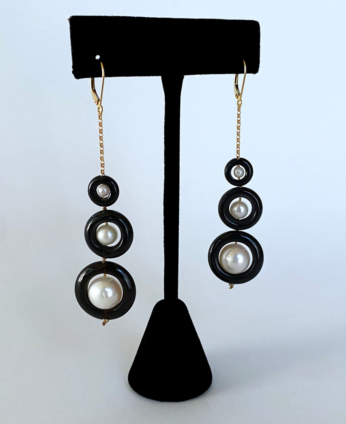 3 Tier Pearl, Black Onyx & Solid 14k Yellow Gold Graduated Earrings