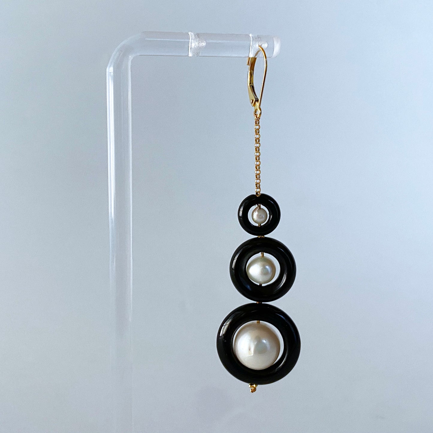 3 Tier Pearl, Black Onyx & Solid 14k Yellow Gold Graduated Earrings