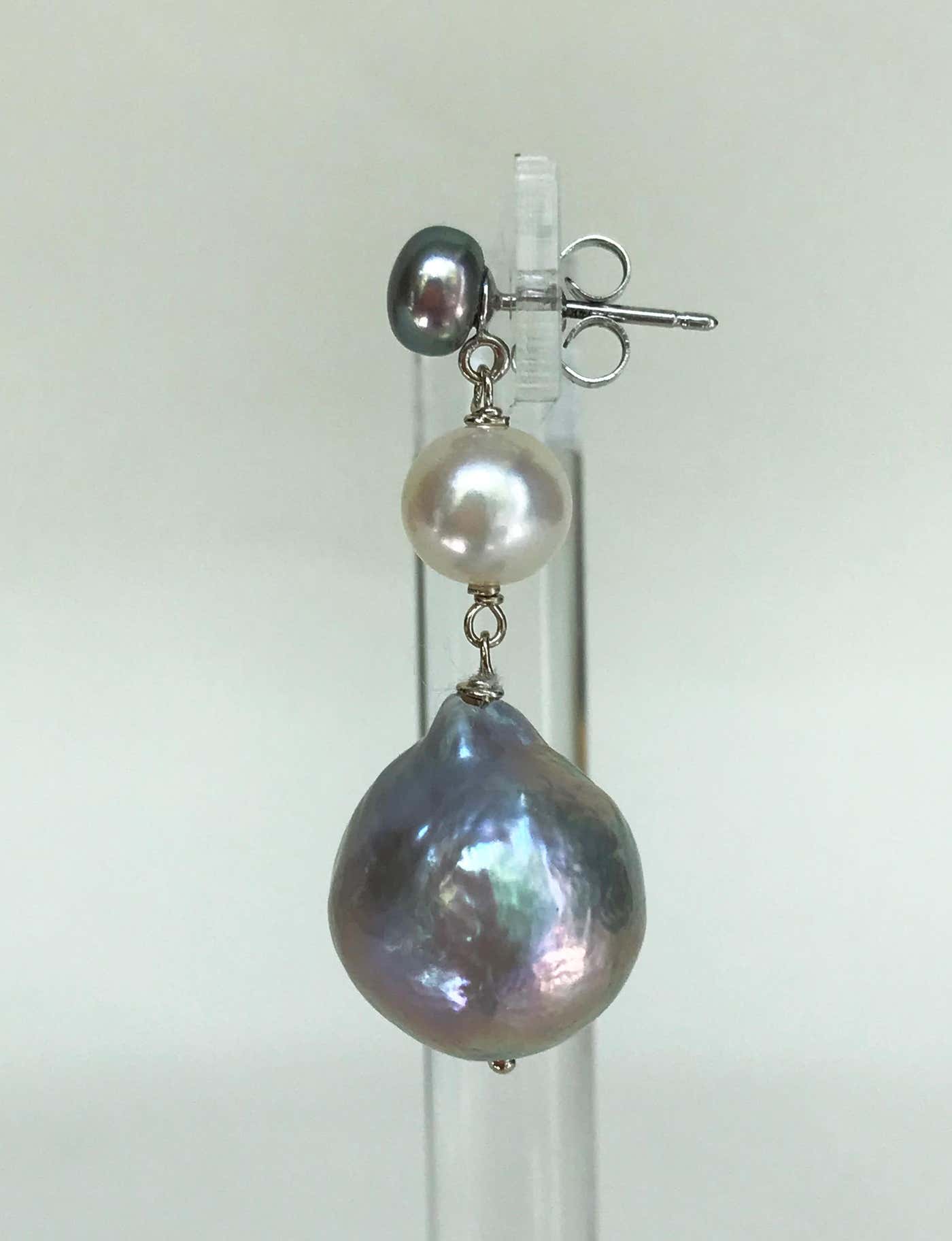 Ombre Grey & White Pearl Earrings with solid 14k White Gold