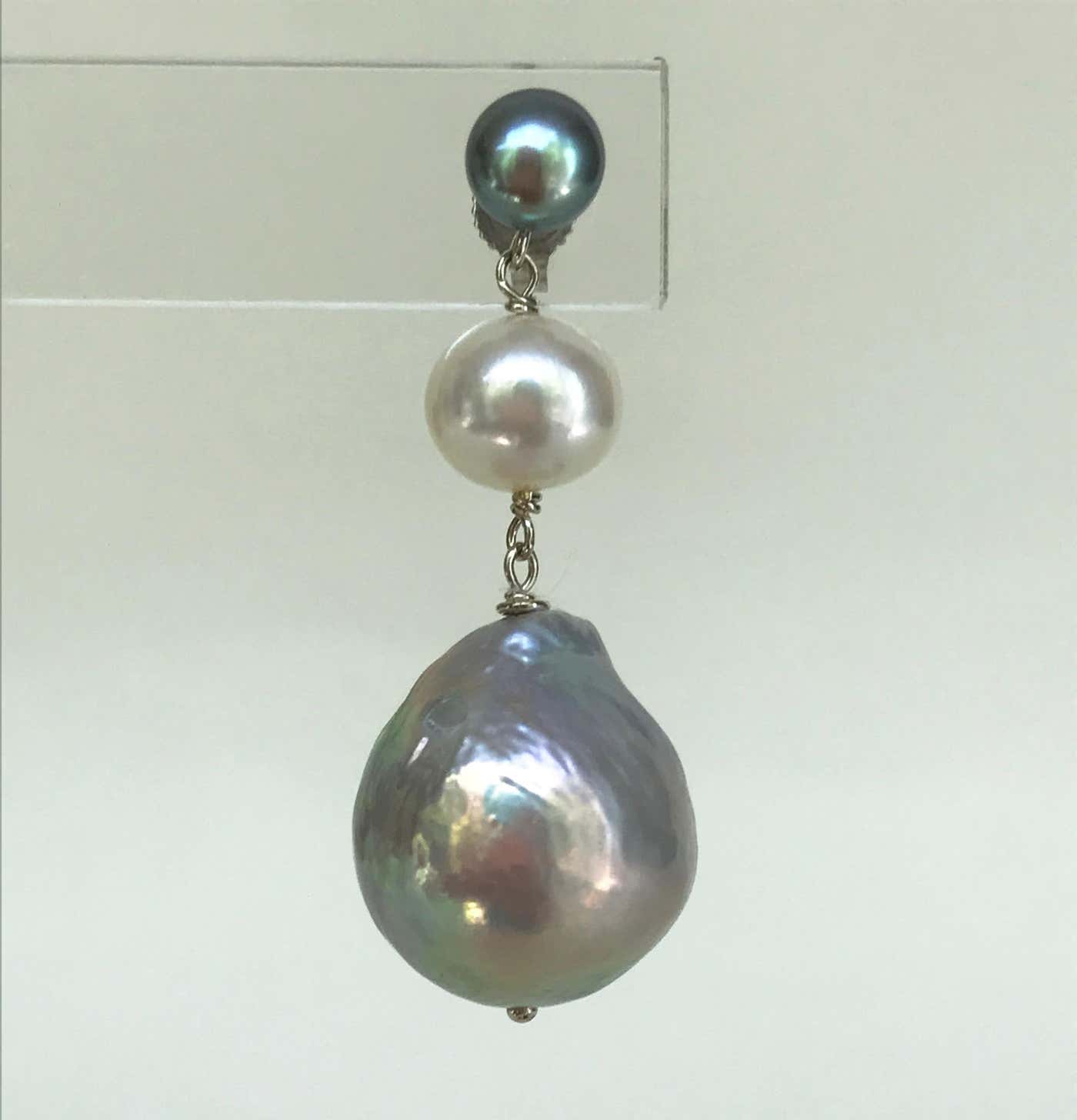 Ombre Grey & White Pearl Earrings with solid 14k White Gold