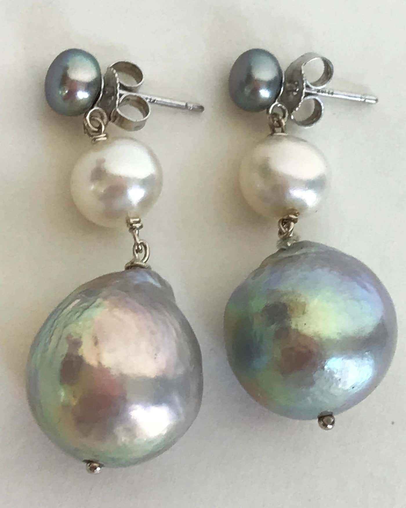 Ombre Grey & White Pearl Earrings with solid 14k White Gold