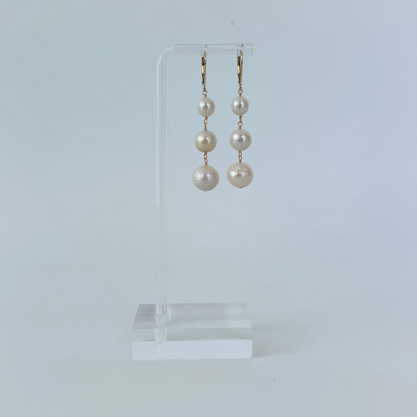 3 Tier Pearl Dangle Earrings with Solid 14k Yellow Gold