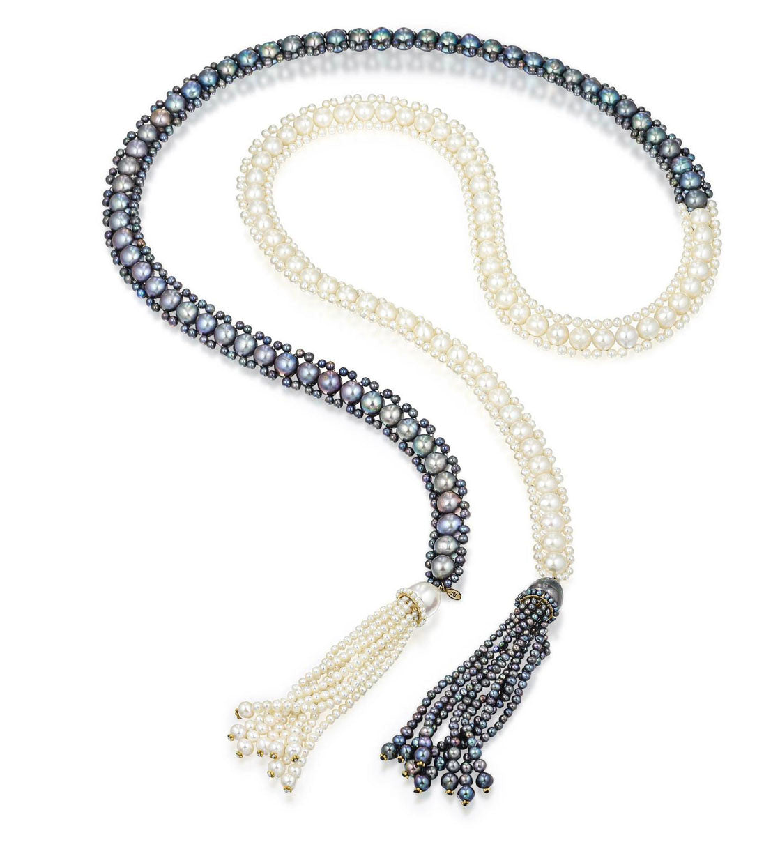 Black & White Pearl Sautoir with Diamonds and 14k White Gold