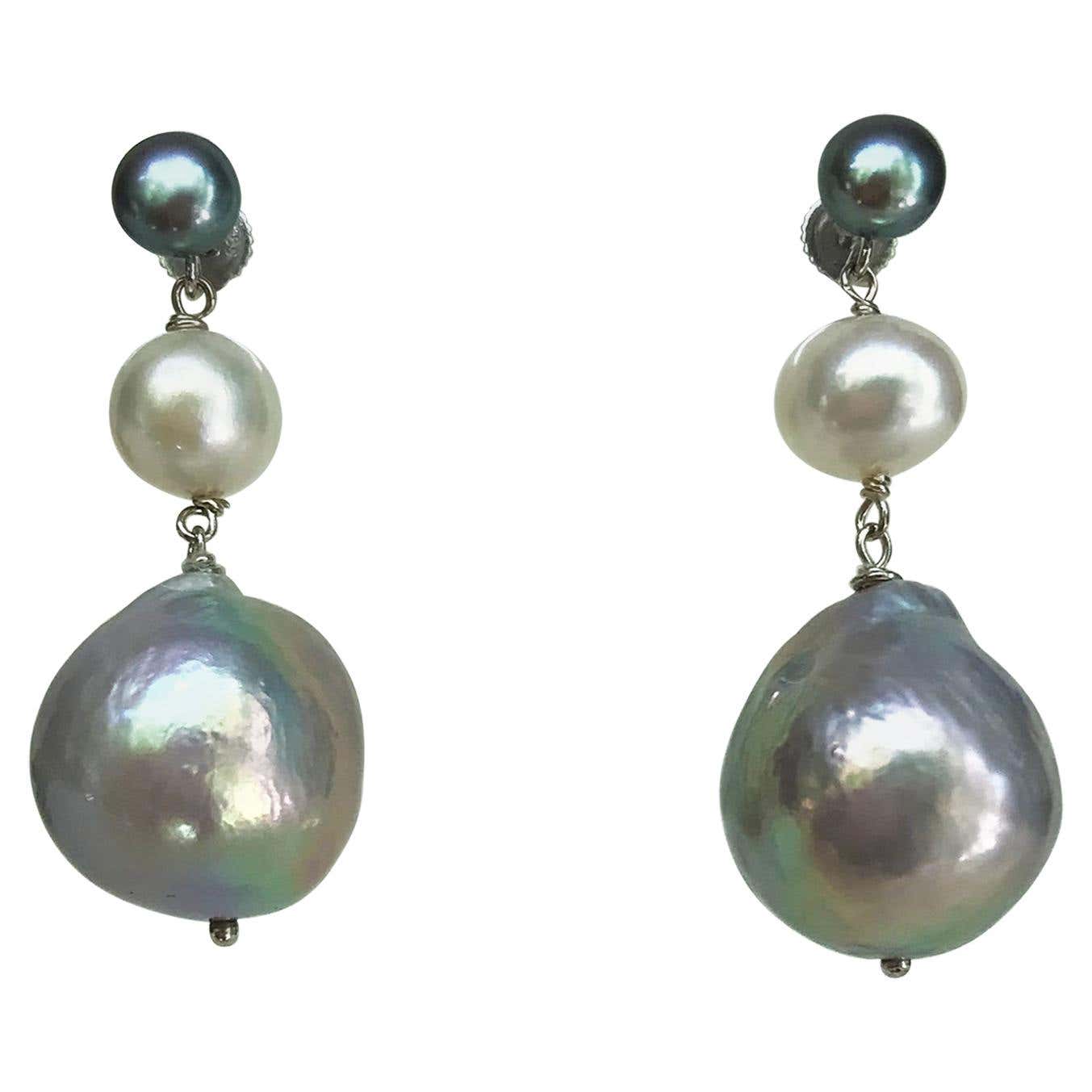 Ombre Grey & White Pearl Earrings with solid 14k White Gold