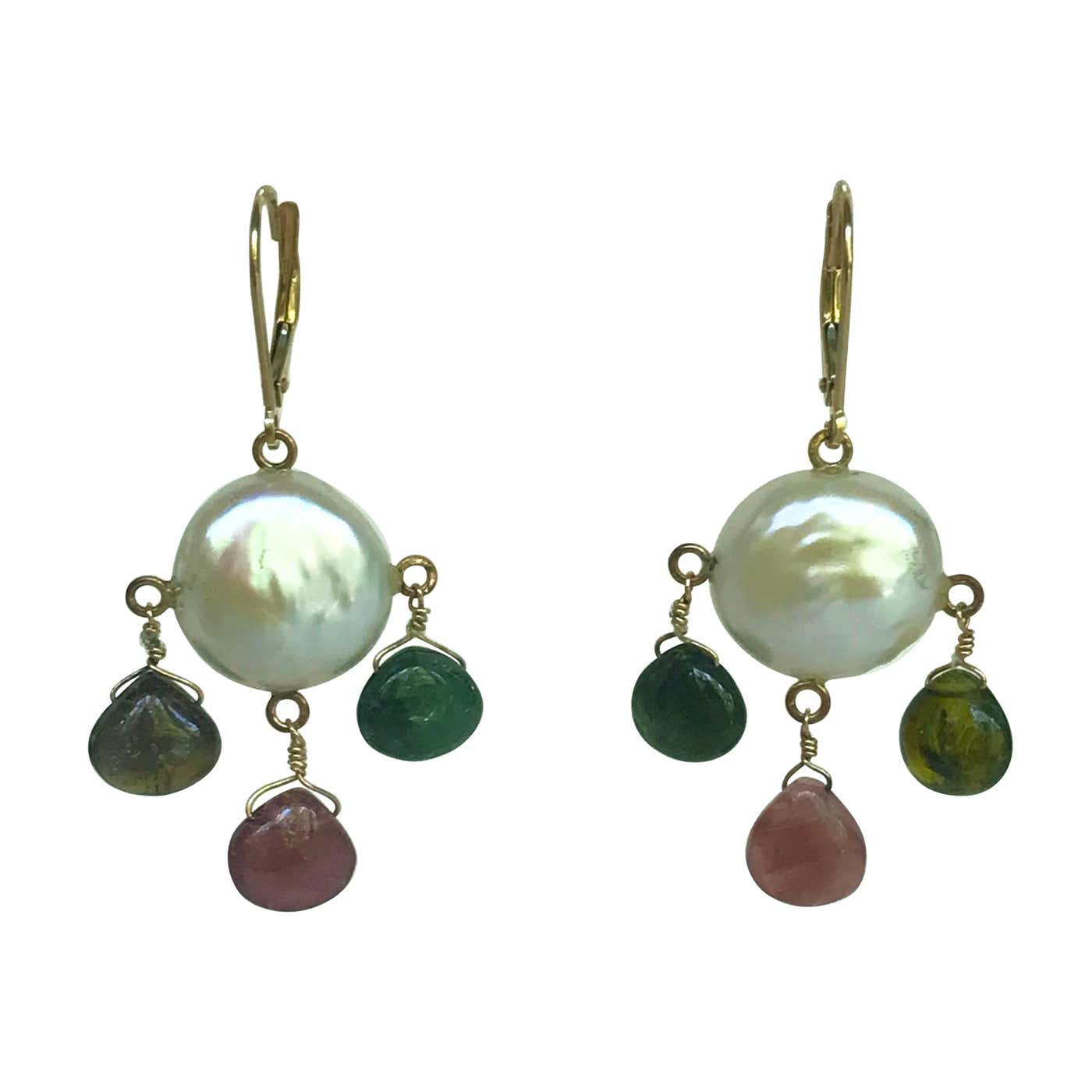 Chandelier Earrings with Pearl, Multicolored Tourmaline & Solid 14k Lever Back Hooks