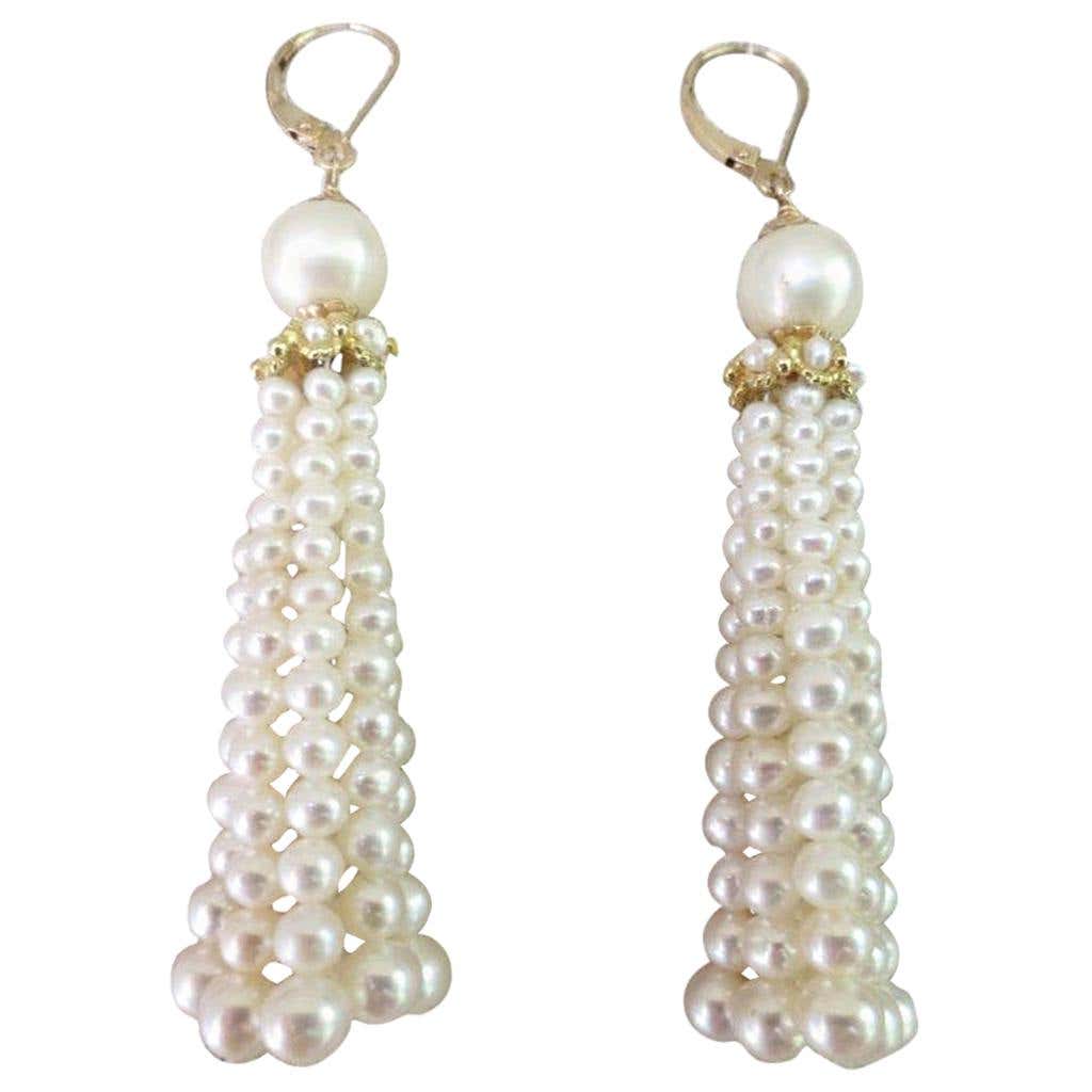 Graduated Pearl Tassel Earrings with Solid 14k Yellow Gold