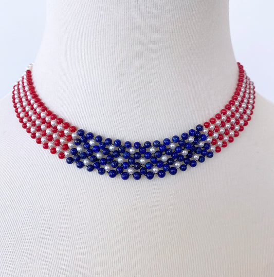 Woven Pearl, Coral, & LapisAmerican Flag Necklace with 14k Yellow Gold