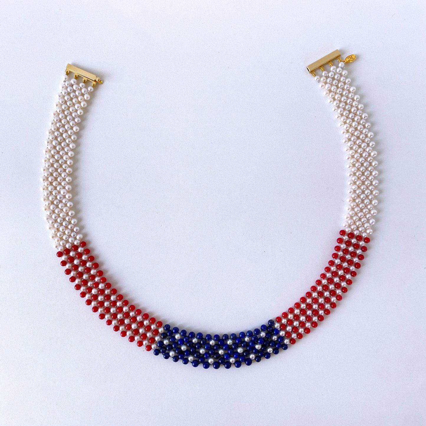 Woven Pearl, Coral, & LapisAmerican Flag Necklace with 14k Yellow Gold