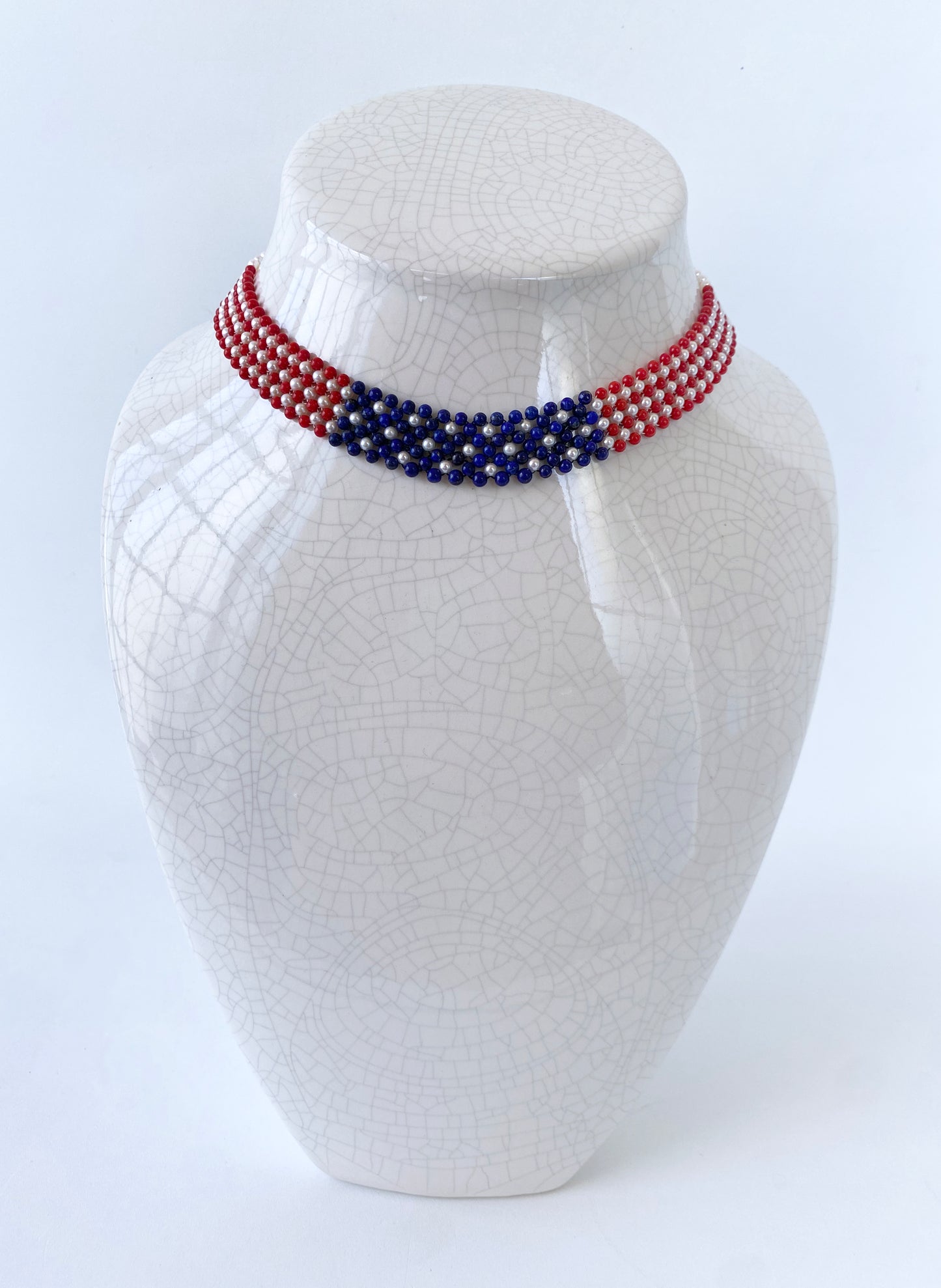 Woven Pearl, Coral, & LapisAmerican Flag Necklace with 14k Yellow Gold