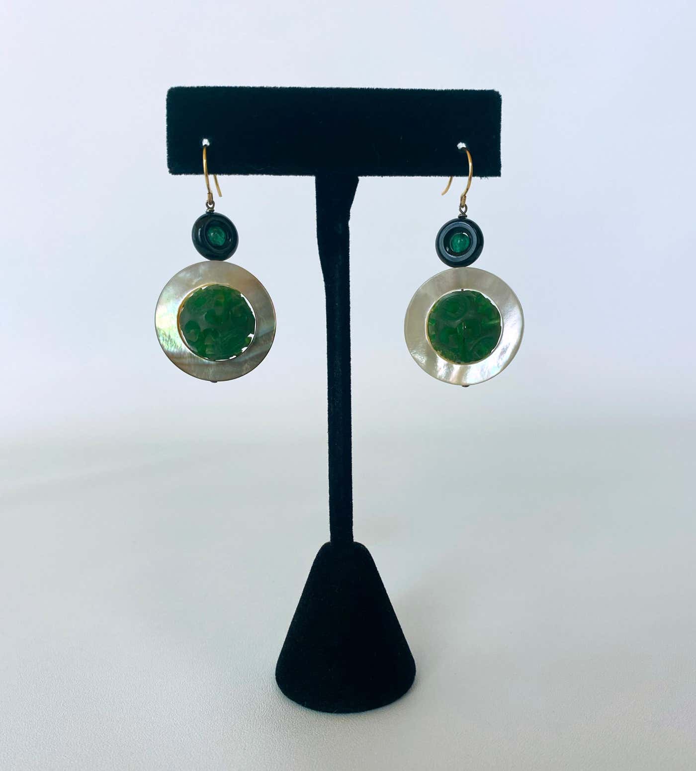 Mother of Pearl, Emerald, Onyx and Bakolite Earrings, 14k Yellow Gold
