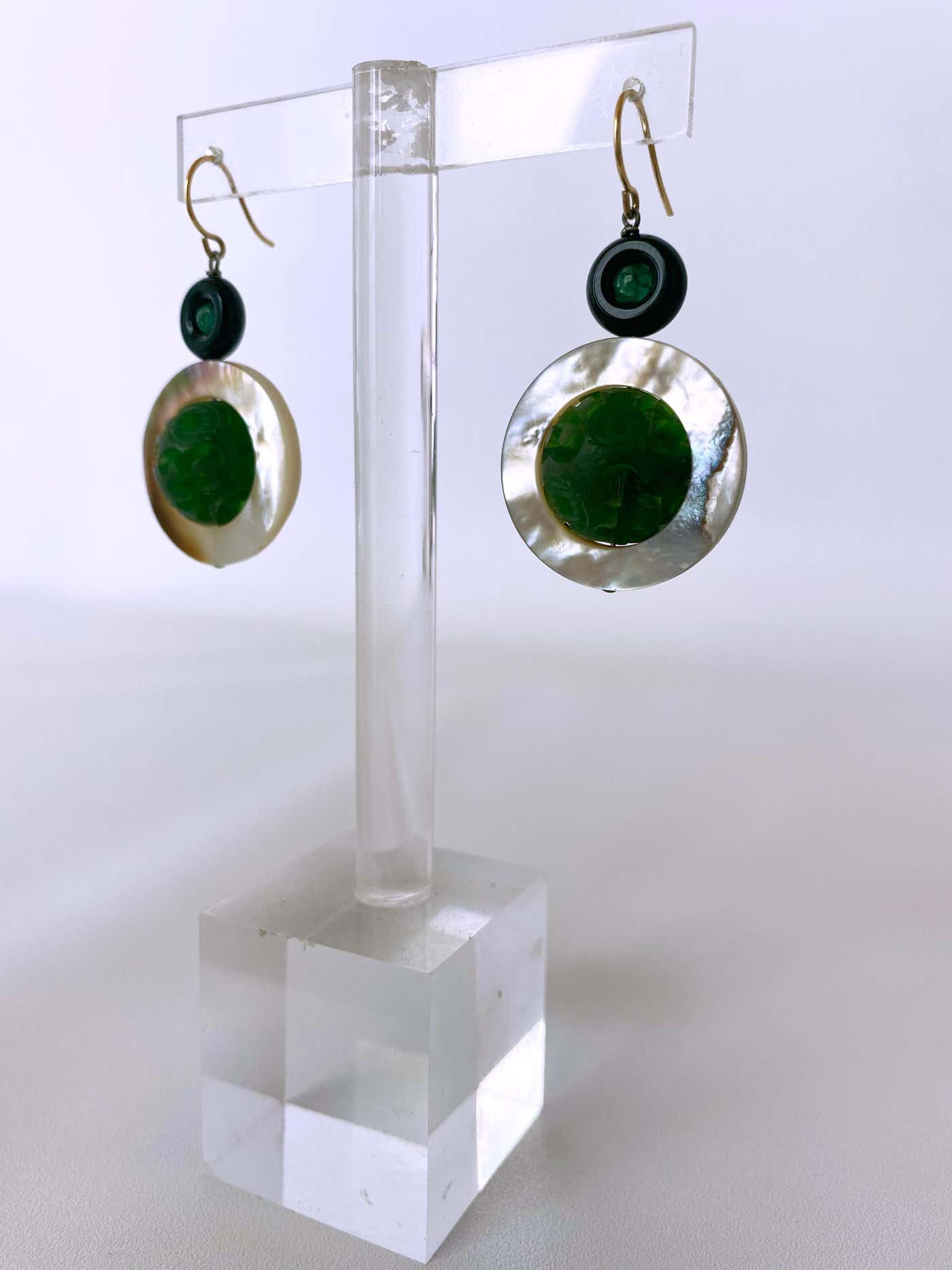 Mother of Pearl, Emerald, Onyx and Bakelite Earrings, 14k Yellow Gold