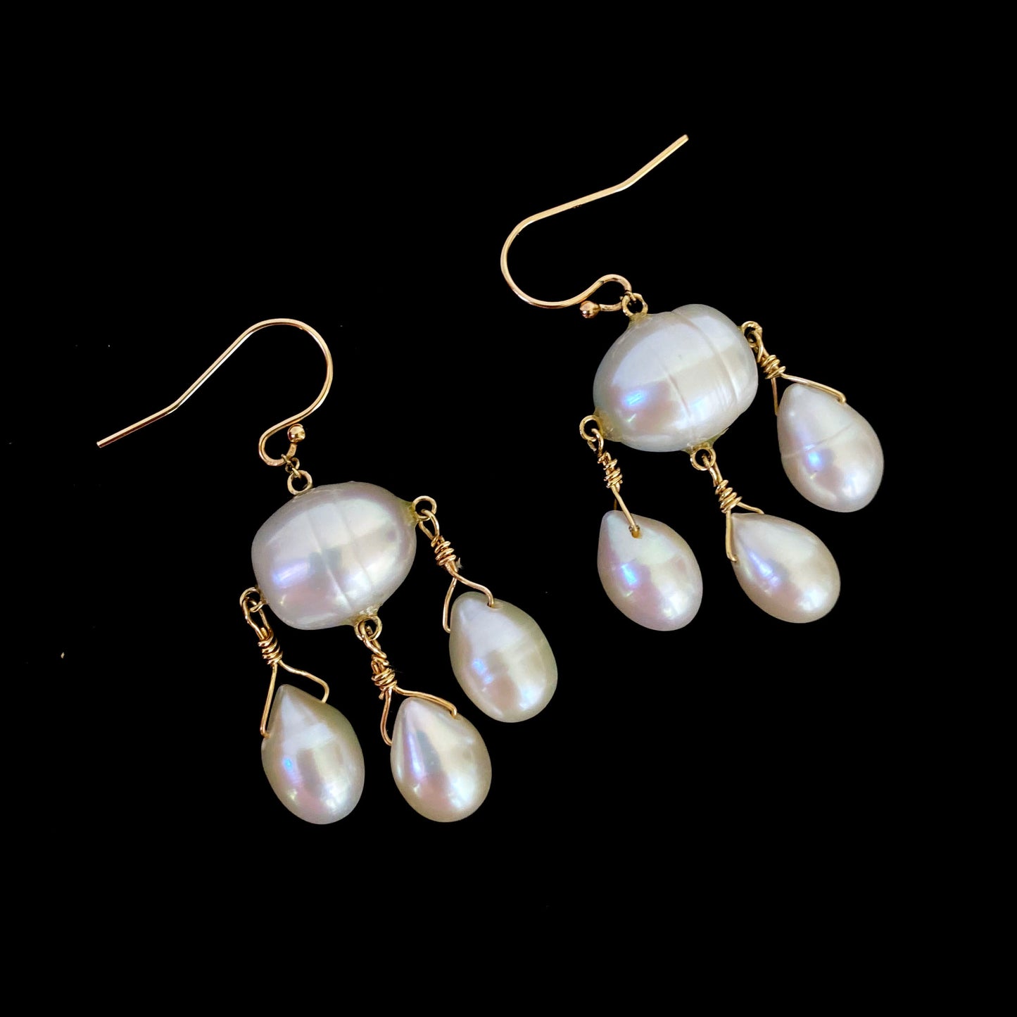 All Pearl & Solid 14k Yellow Gold Chandelier Earrings