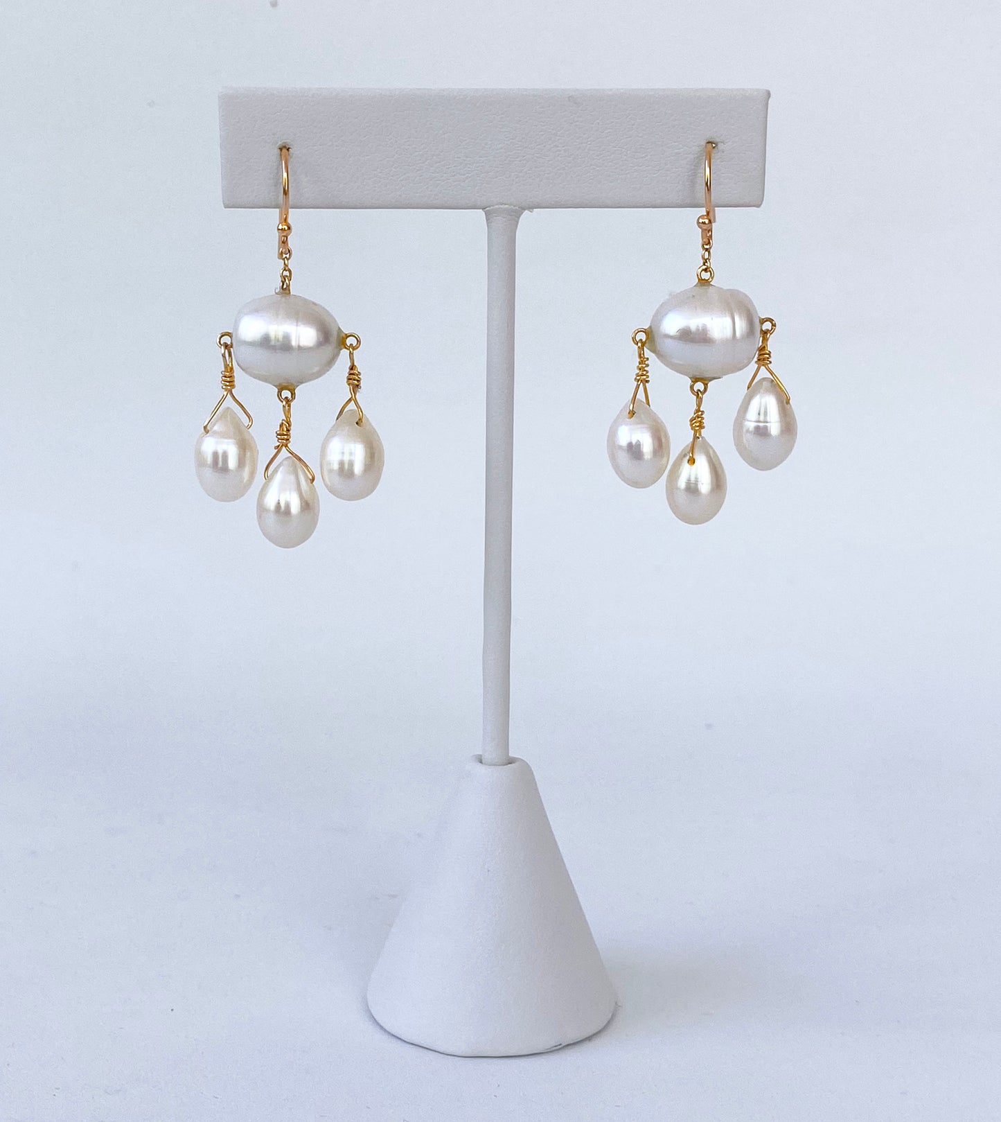 All Pearl & Solid 14k Yellow Gold Chandelier Earrings