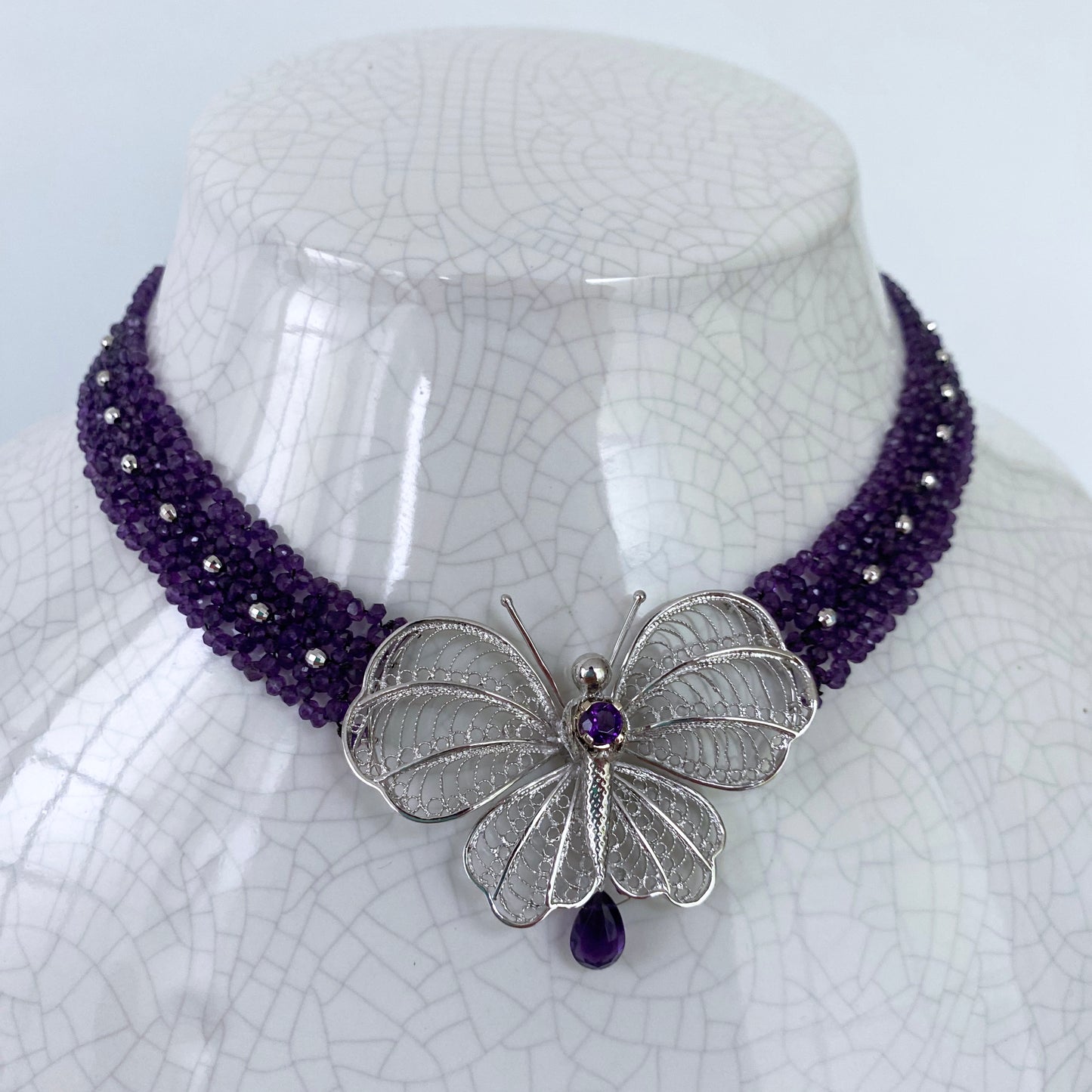 Woven Amethyst Necklace with Silver Butterfly Centerpiece