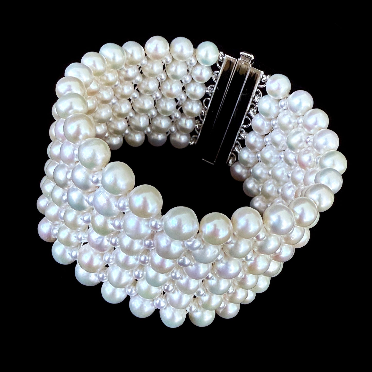All Pearl Woven Bracelet with Silver - Rhodium Plated Clasp
