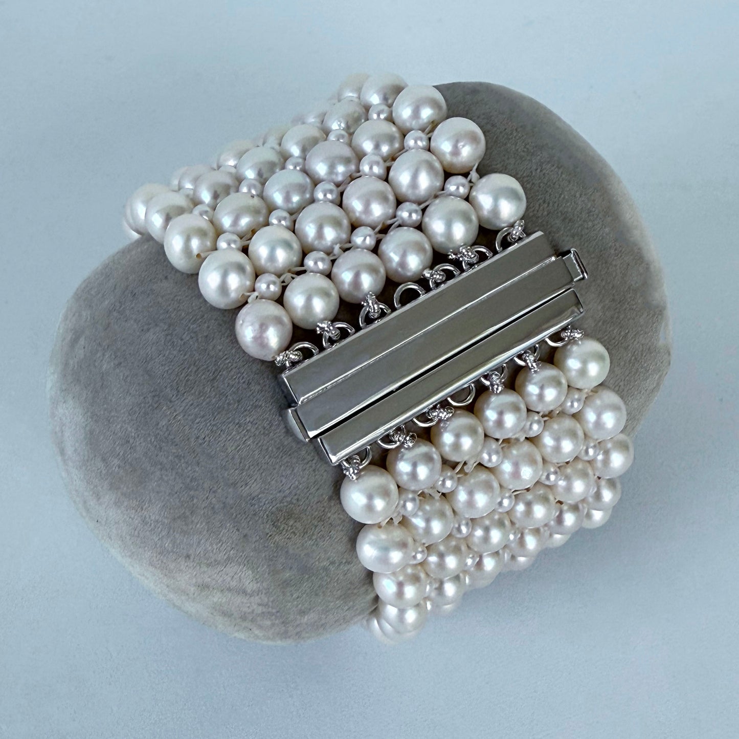 All Pearl Woven Bracelet with Silver - Rhodium Plated Clasp