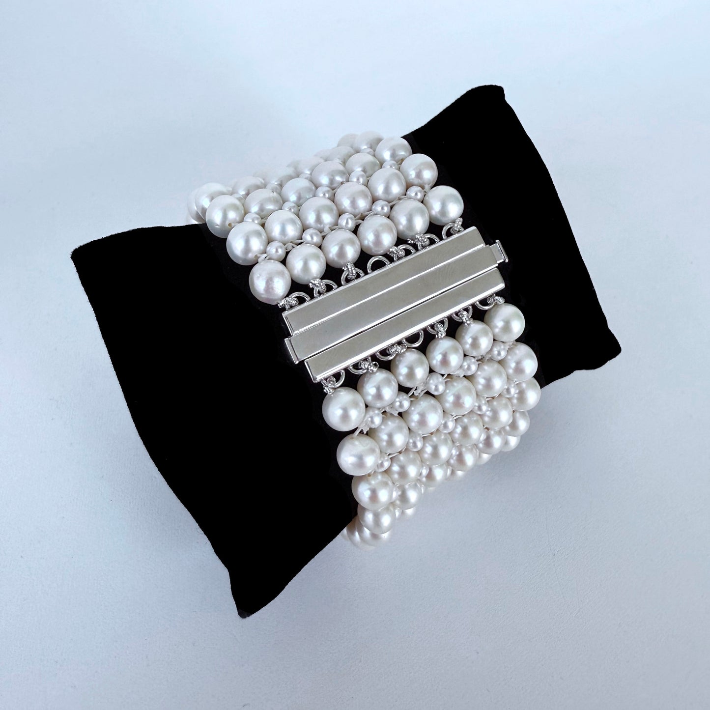 All Pearl Woven Bracelet with Silver - Rhodium Plated Clasp