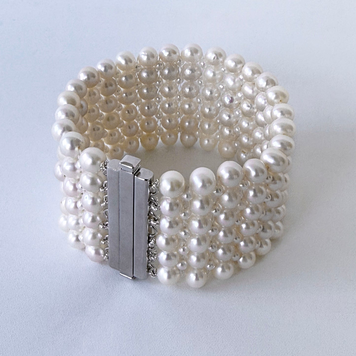 All Pearl Woven Bracelet with Silver - Rhodium Plated Clasp