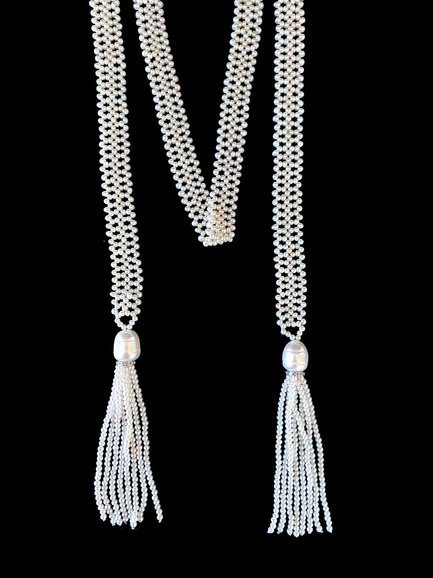 Lace Woven Open Pearl Sautoir with Diamond Encrusted Silver Tassels