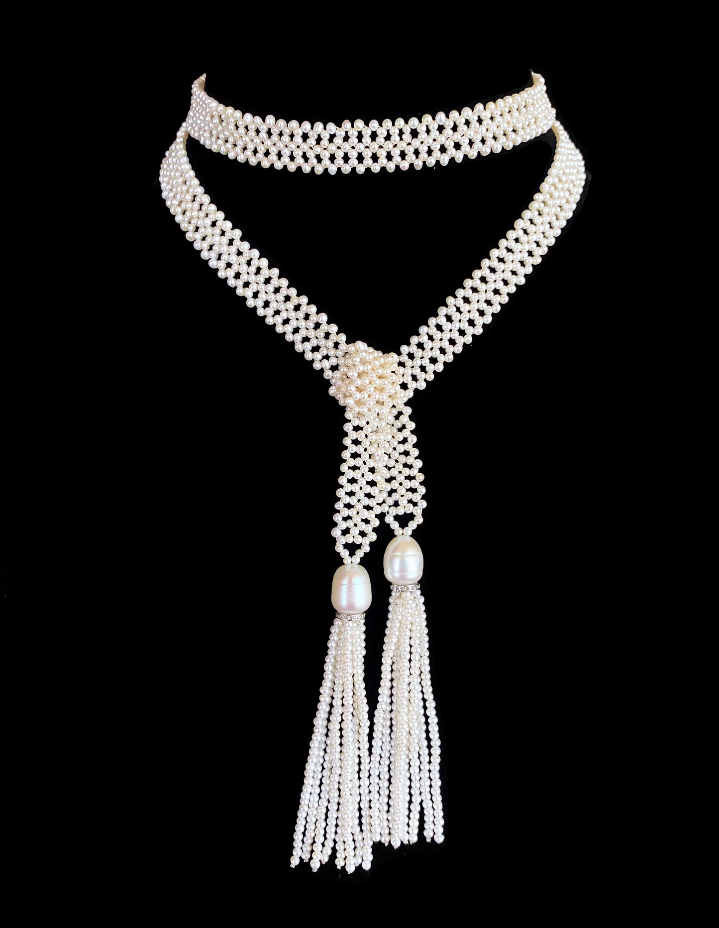 Lace Woven Open Pearl Sautoir with Diamond Encrusted Silver Tassels