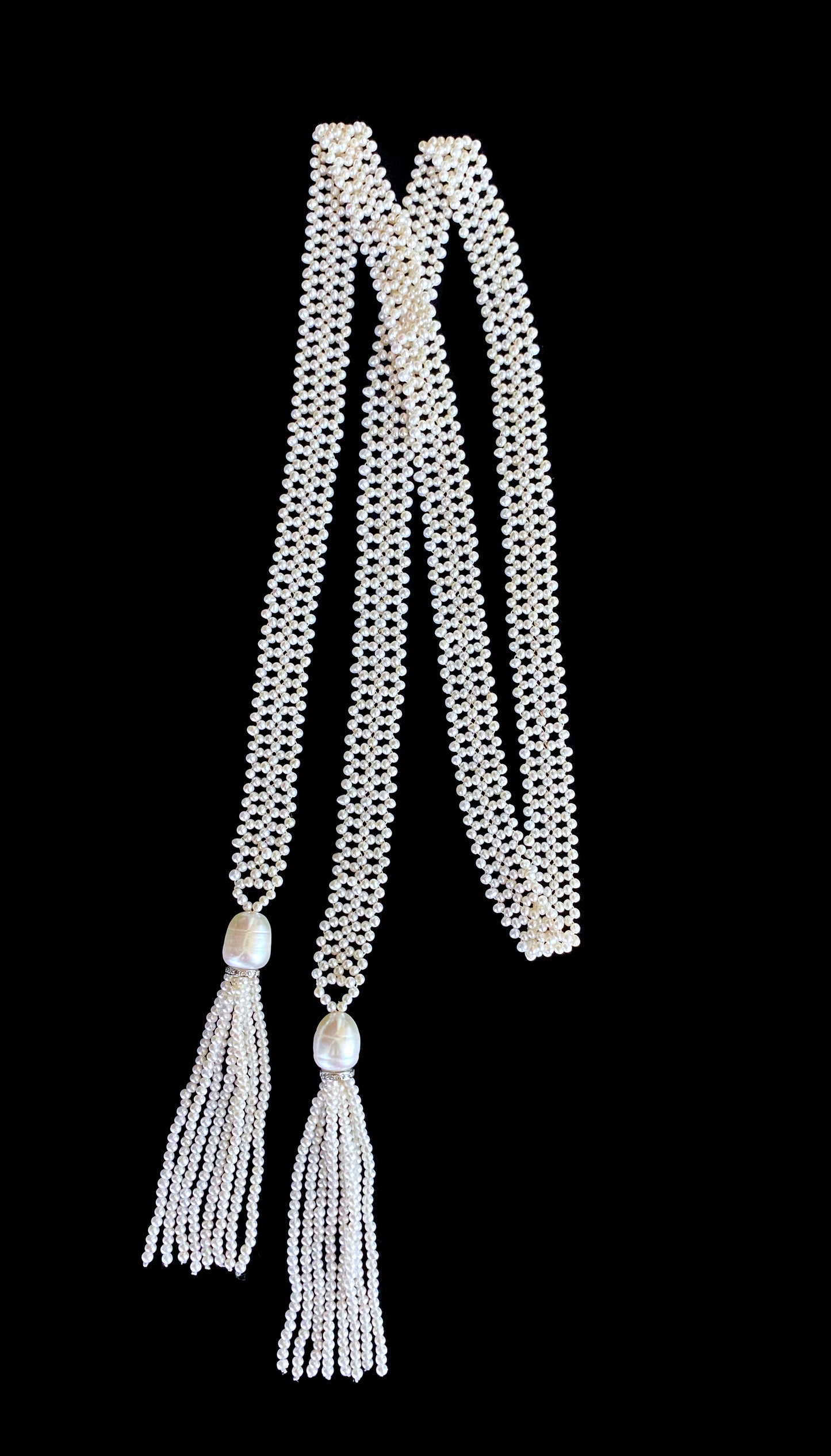 Lace Woven Open Pearl Sautoir with Diamond Encrusted Silver Tassels