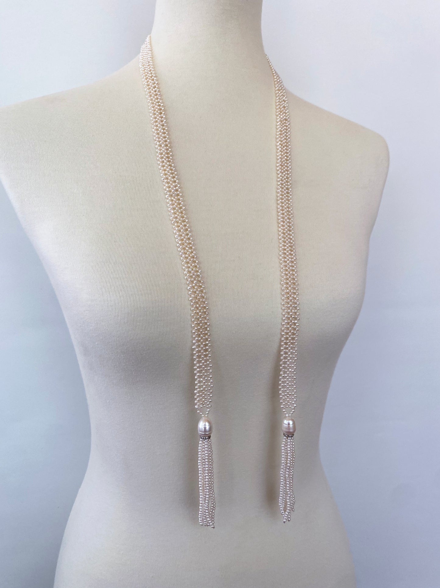 Lace Woven Open Pearl Sautoir with Diamond Encrusted Silver Tassels