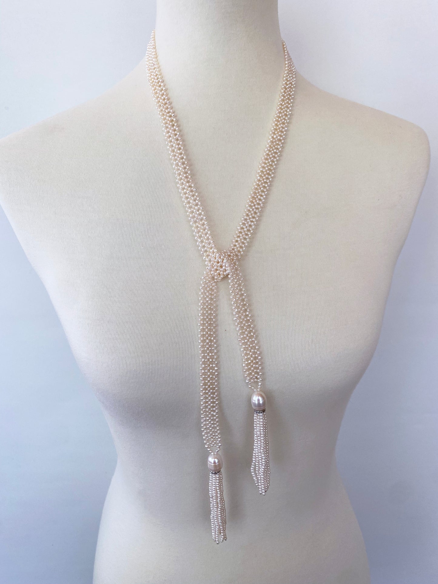 Lace Woven Open Pearl Sautoir with Diamond Encrusted Silver Tassels