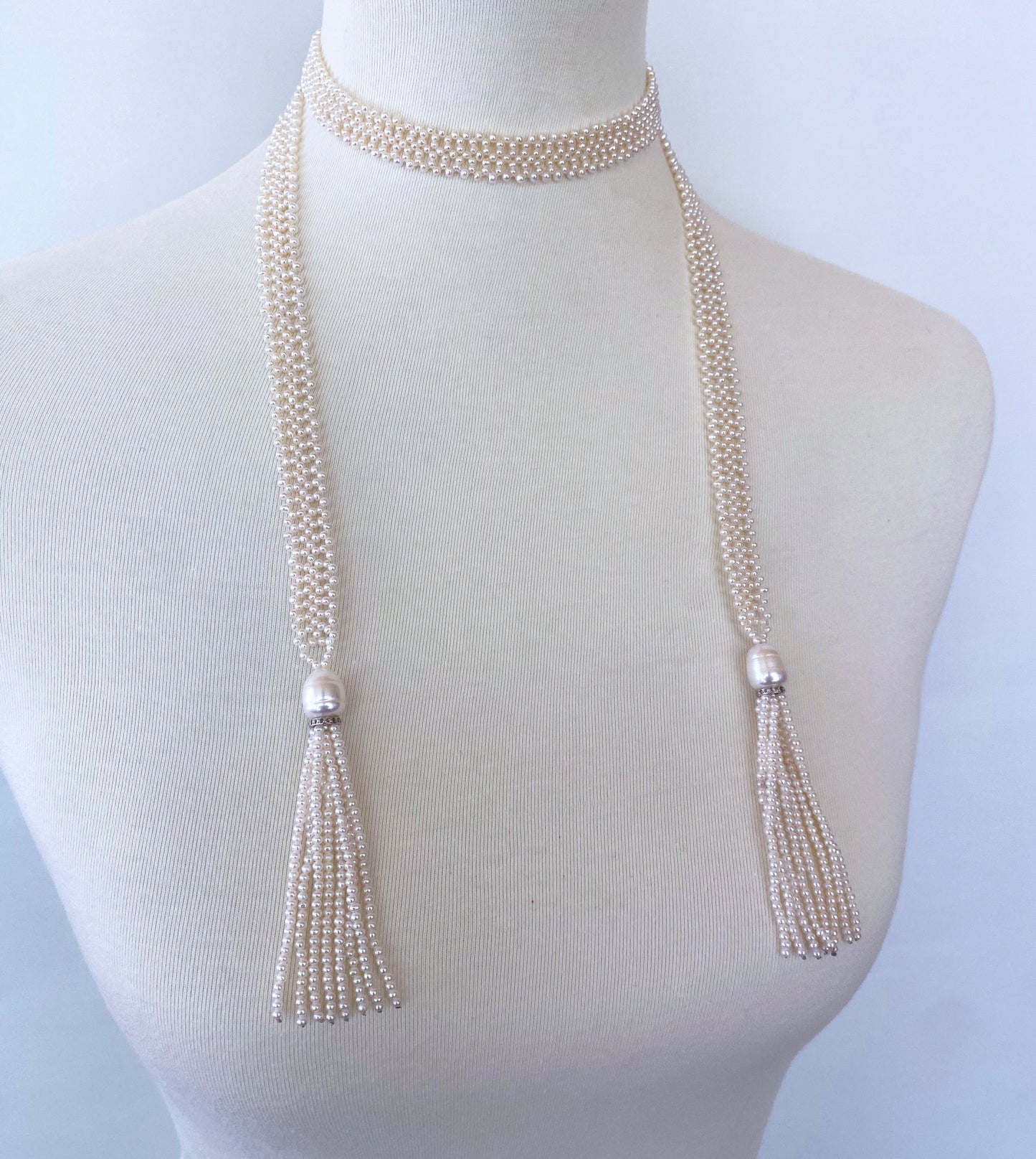 Lace Woven Open Pearl Sautoir with Diamond Encrusted Silver Tassels