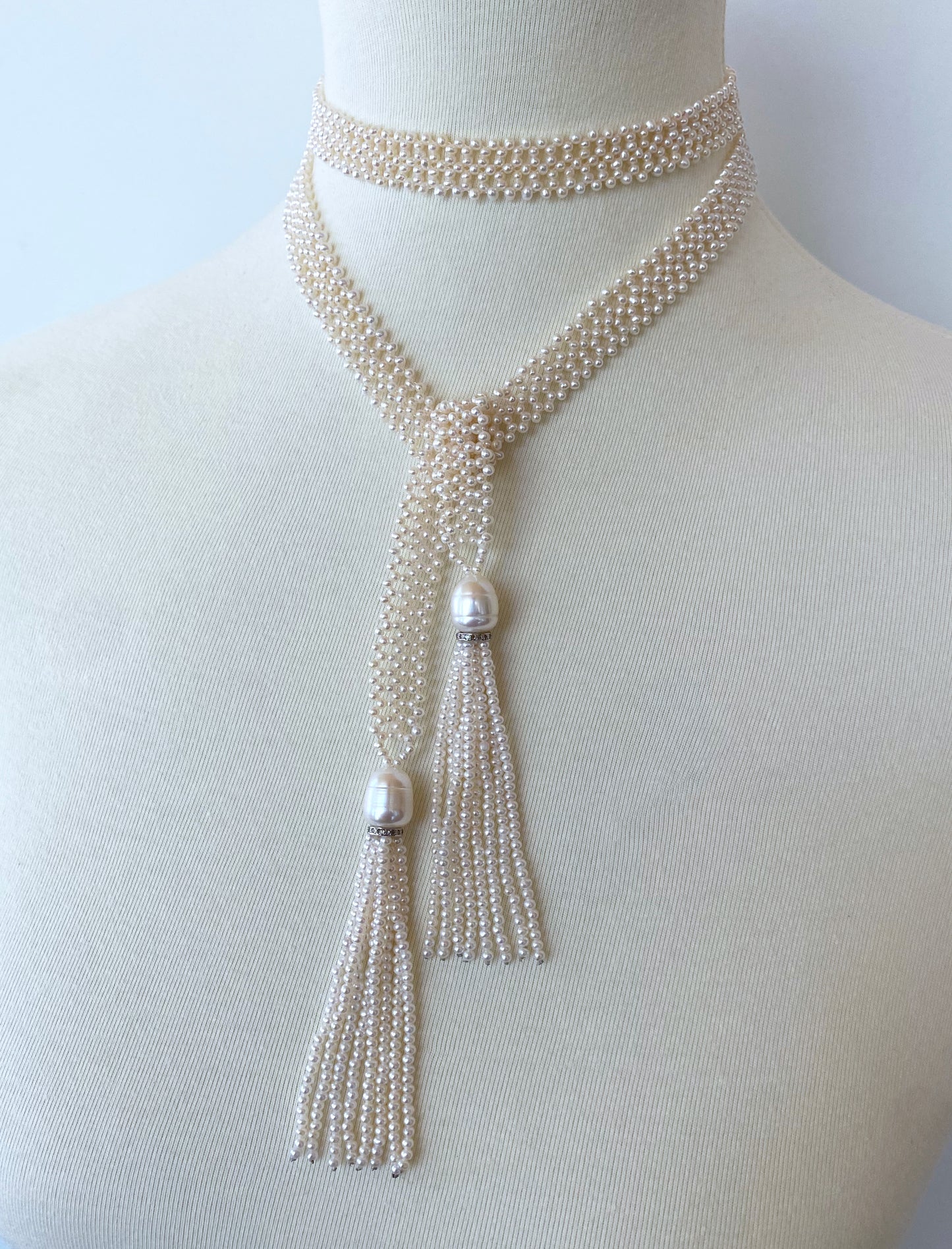 Lace Woven Open Pearl Sautoir with Diamond Encrusted Silver Tassels