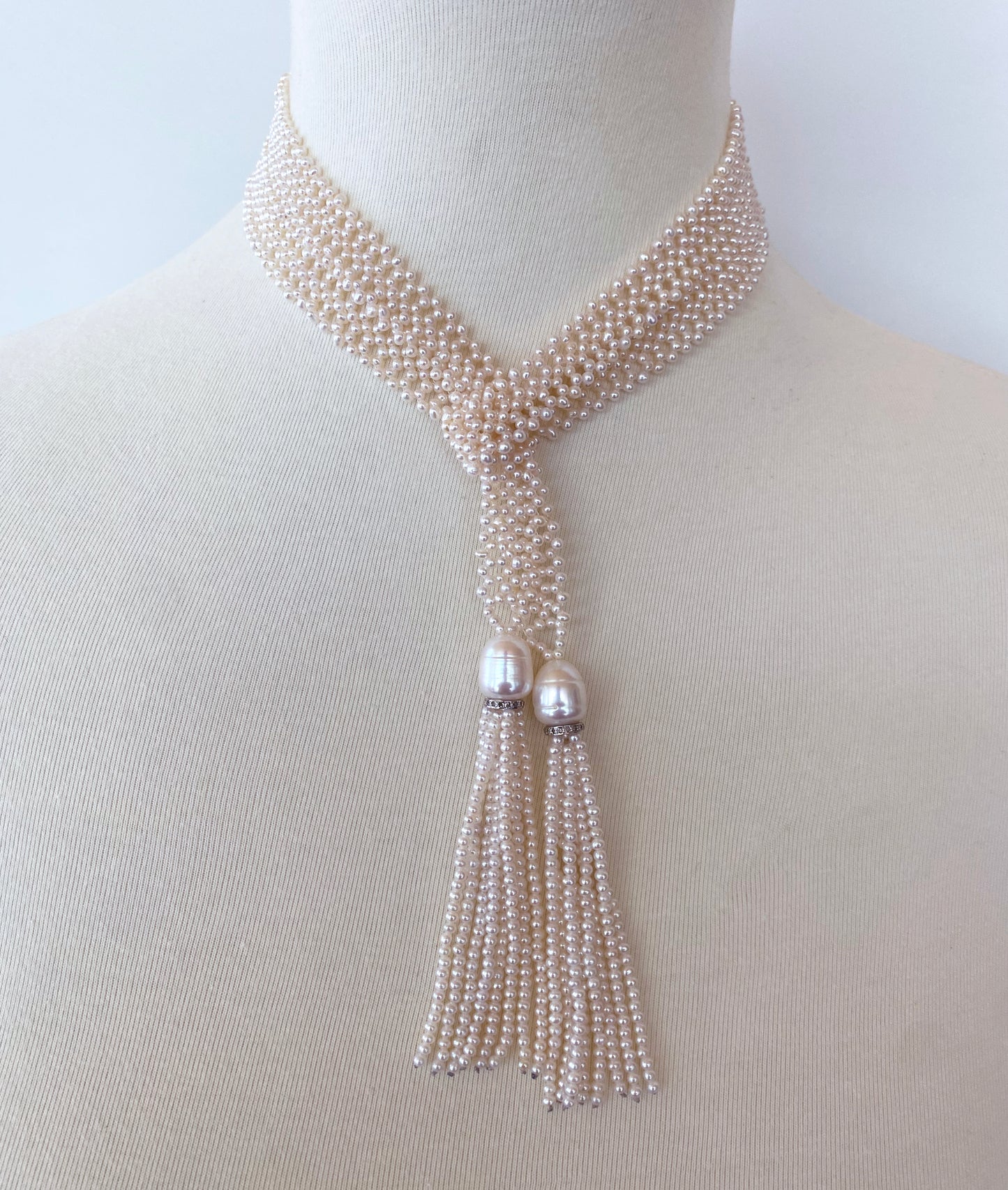 Lace Woven Open Pearl Sautoir with Diamond Encrusted Silver Tassels