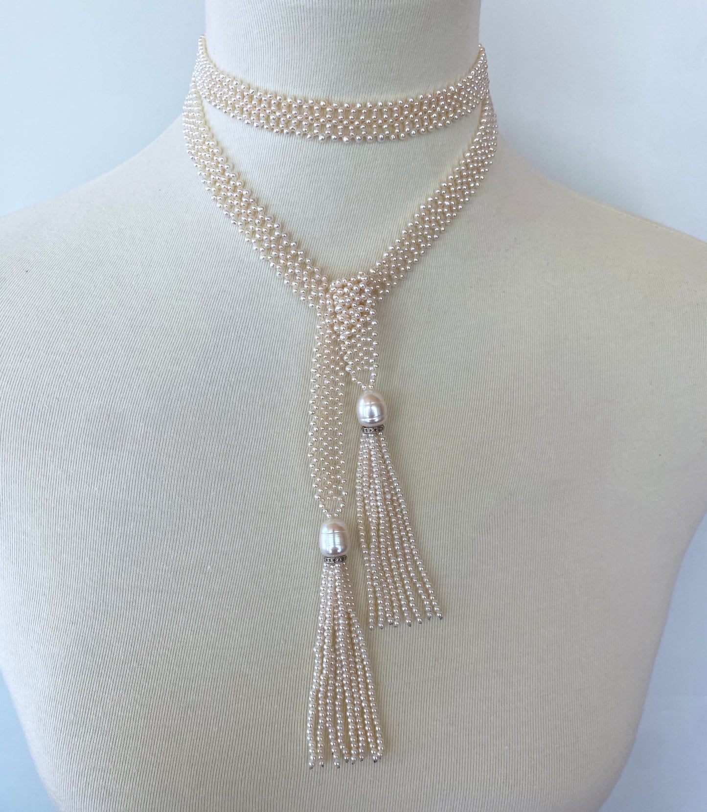 Lace Woven Open Pearl Sautoir with Diamond Encrusted Silver Tassels