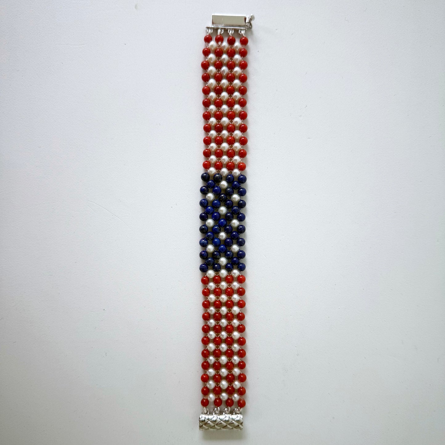 Unisex Pearl, Lapis & Coral Woven American Flag Bracelet with 14k Gold