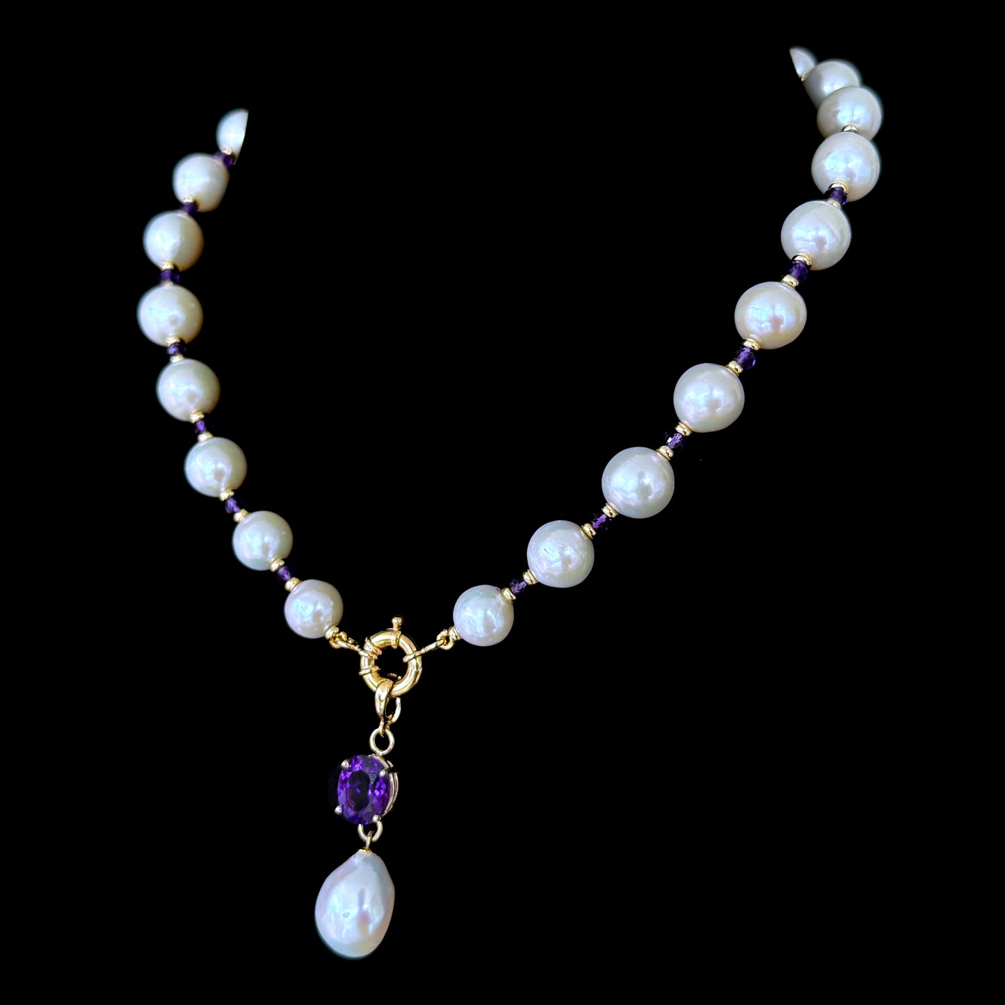 Pearl, Solid 14k Yellow Gold Necklace with Removable Amethyst Centerpiece