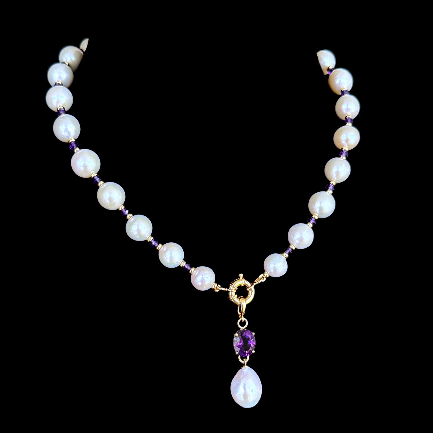 Pearl, Solid 14k Yellow Gold Necklace with Removable Amethyst Centerpiece